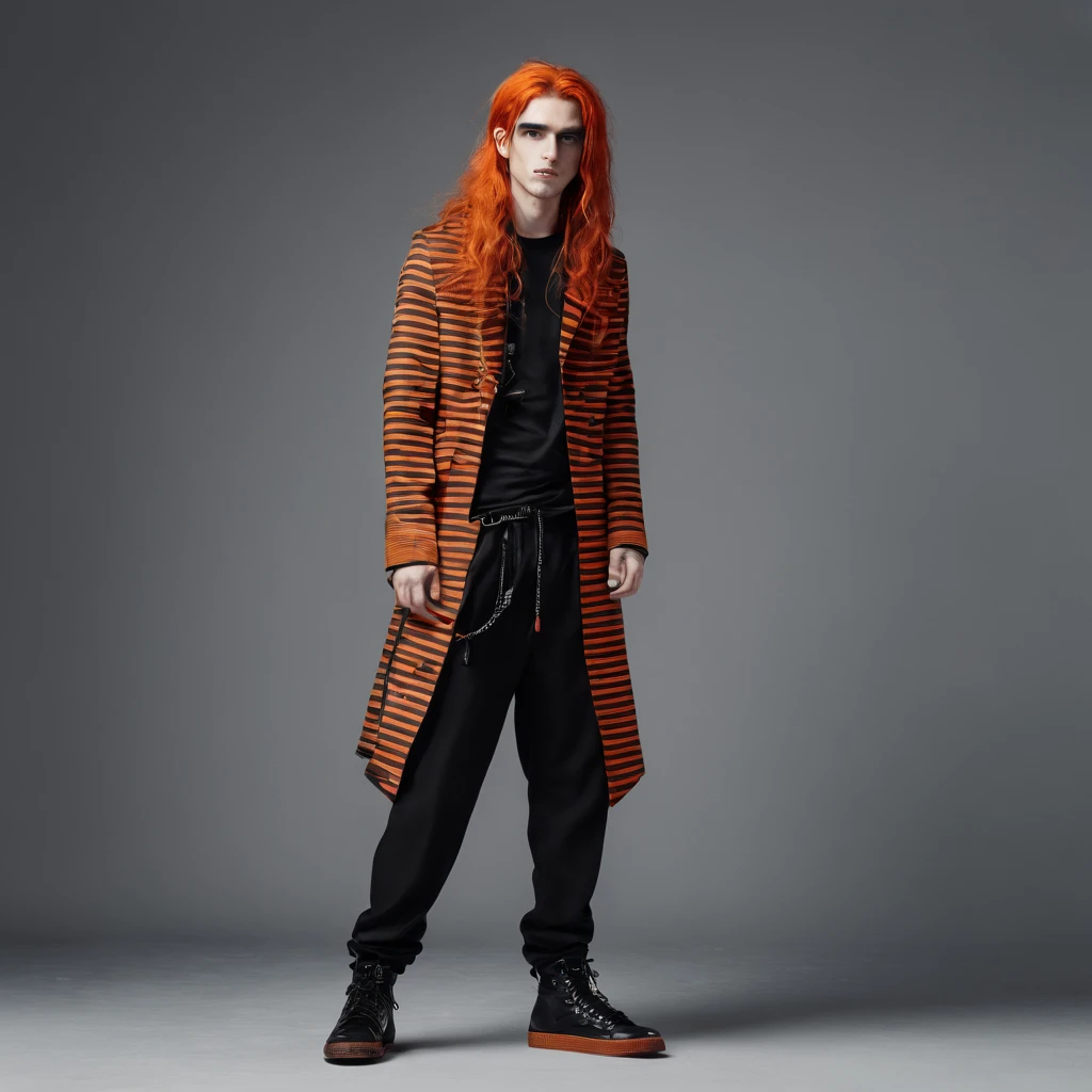 25 year old man, long hair, orange hair with black stripes, black eyes, punk style, plataform shoes, full body shot