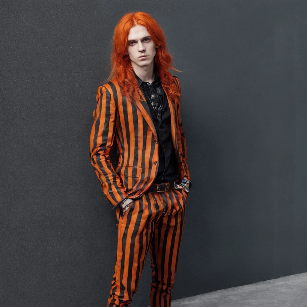 25 year old man, long hair, orange hair with black stripes, black eyes, punk style, plataform shoes, full body shot