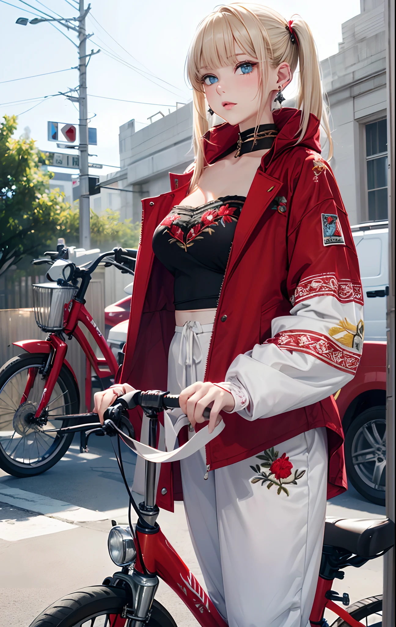 absurderes, (独奏:1.5,)ultra-detailliert,extremely beautiful detailed anime face and eyes,Short hair,(Bangs parted in the middle:1.3),(Blonde hair with short twin tails:1.3), Shiny hair, Delicate beautiful face, red blush、(Deep Blue Eyes:1.3), White skin, hair clips, earrings,BREAK(Embroidered costumes:1.5), (long red coat:1.4), (A fusion of white strapless and white bandage:1.4), (white bandages:1.3),(Black oversized pants, Black baggy pants):1.4), (Nero:(earrings:1.2), (Big Bike:1.4)