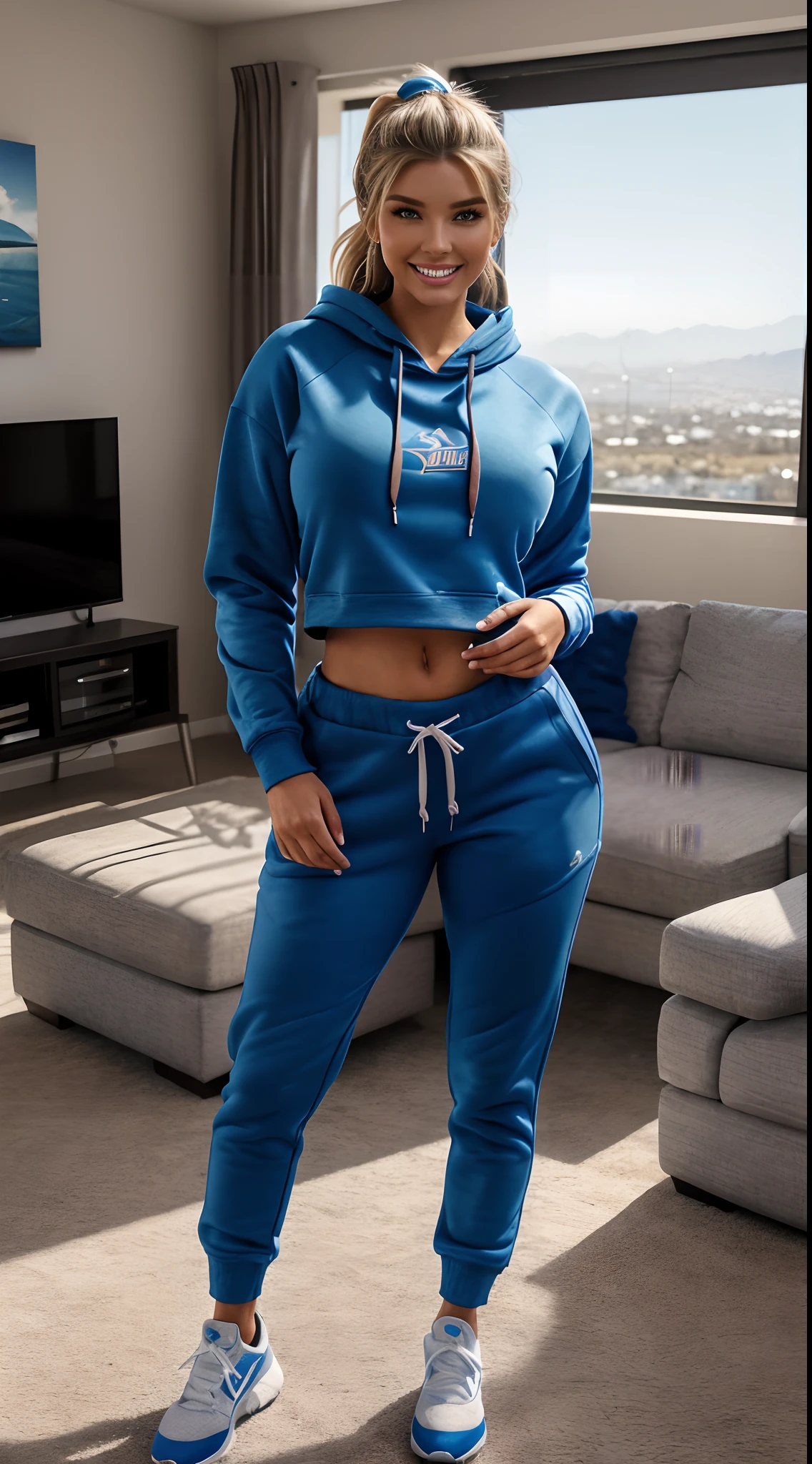 Foto hiperrealista en primer plano de Emily Sears , masterpiece, best quality, (photorealistic:1.4), full body, (blue hoodie:1.2) and (blue sports pants:1.2), living room, cinematic light, beautiful woman, skinny, large breastsr, pony tail hair, detailed face, smile, photo taken from a distance