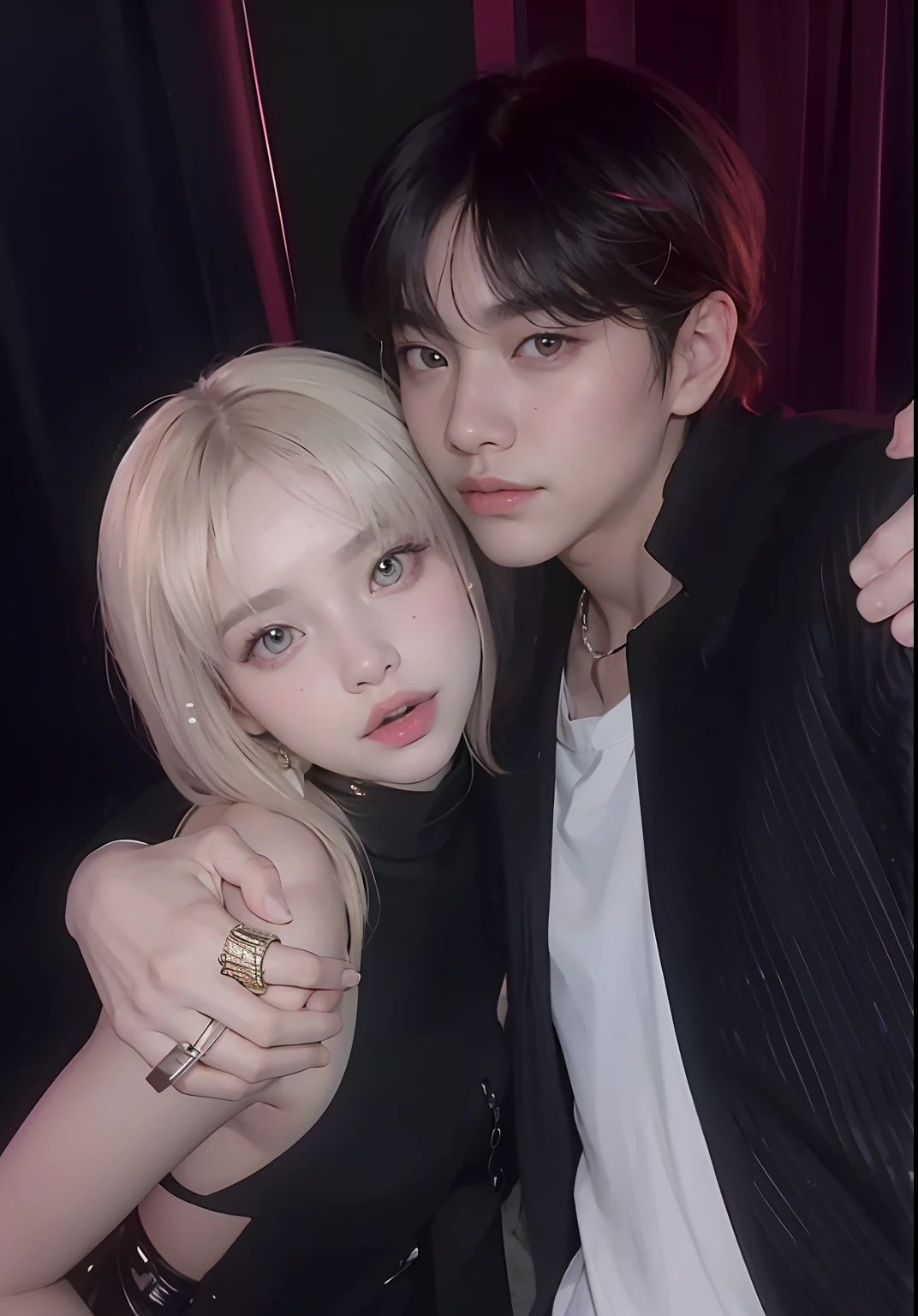 Heterosexual good looking boy and girl couple, young masculine male with short blonde hair wearing a black tank top and jean, holding hands with a sexy young lady with beautiful long hair wearing a white dress, young lady sitting on good looking boy's thighs and hugging, loving couple, in sweet love.