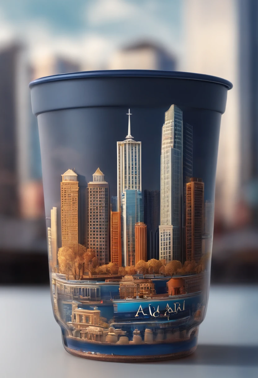 3d logo on a plastic cup with the name "Açaí from the Northeast "  The glass on the table in a city with buildings and a lot of people looking at the glass