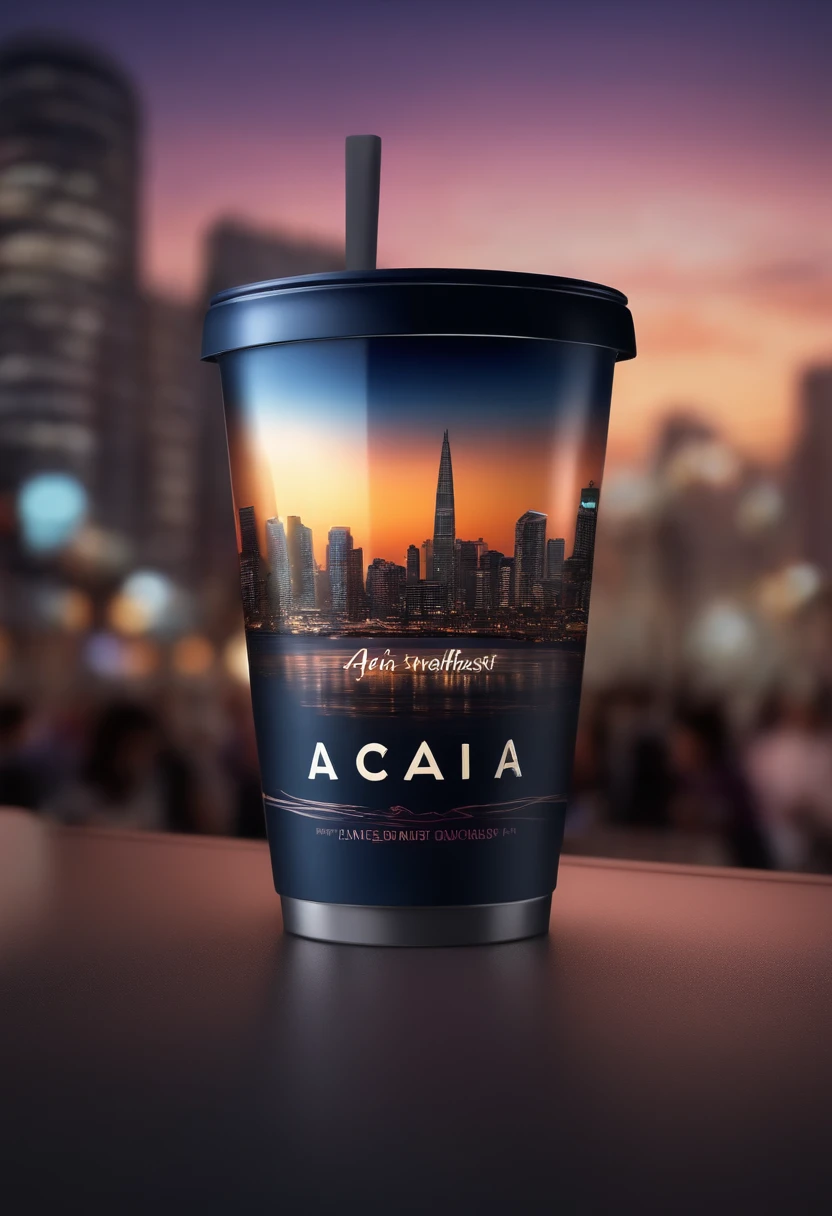 3d logo on a plastic cup with the name "Açaí from the Northeast "  The glass on the table in a city with buildings and a lot of people looking at the glass