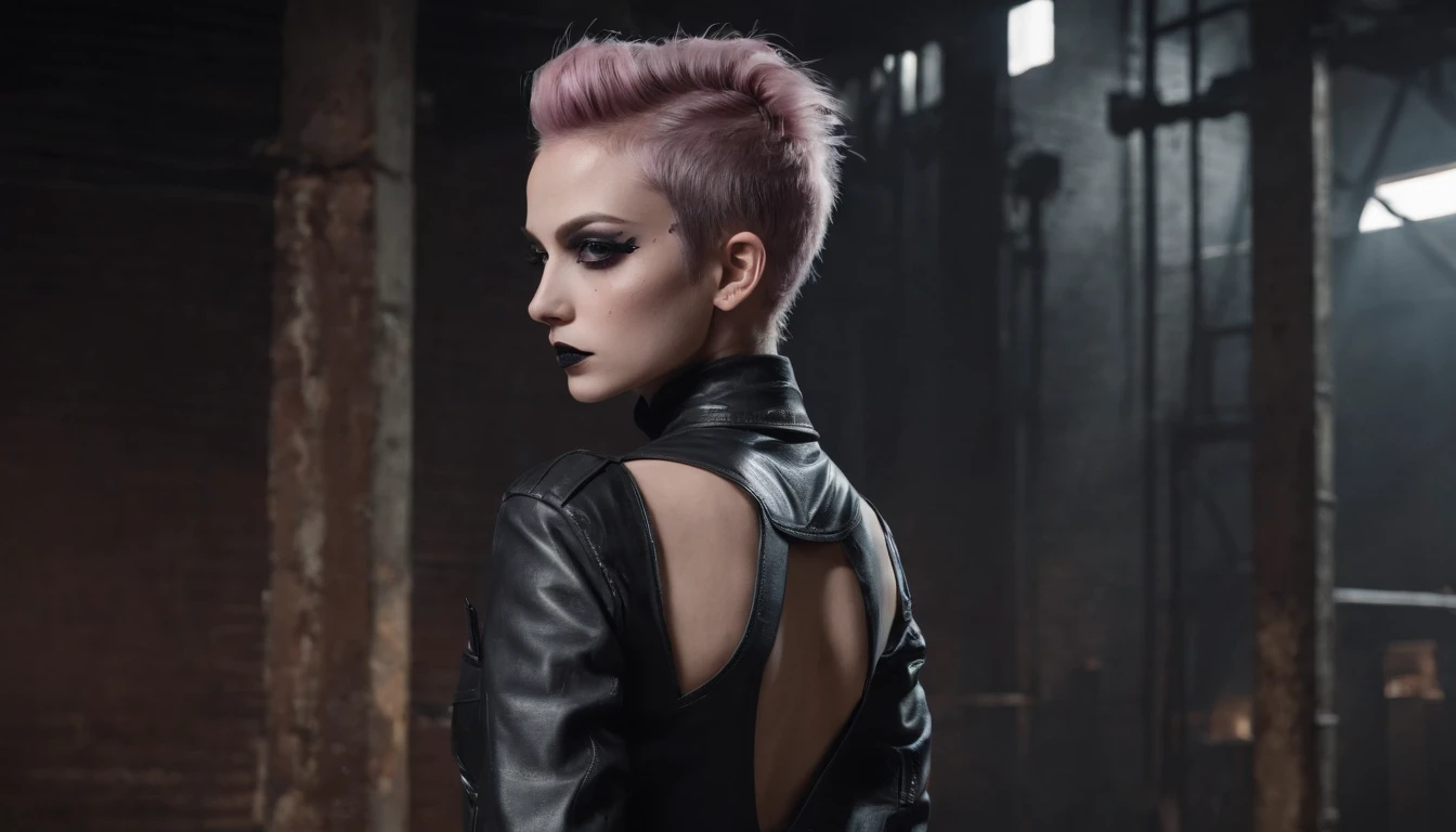 Punk woman dressed in leather leotard posing for a photo in an abandoned factory at night, black make-up, industrial fashion, techno fashion, industrial aesthetic, dark techno, dark atmosphere, ultra detailed, photorealistic, masterpiece.