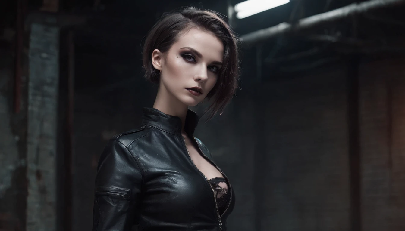 Punk woman dressed in leather leotard posing for a photo in an abandoned factory at night, black make-up, industrial fashion, techno fashion, industrial aesthetic, dark techno, dark atmosphere, ultra detailed, photorealistic, masterpiece.