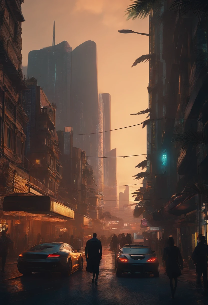people walking in a city at night with a large clock tower in the background, em uma Cidade Cyberpunk Futurista, futuristic cyberpunk scenario, arstation e bipe altamente, Em Fantasy Sci - Cidade de Fi:, Sci-Fi Cyberpunk Rua da Cidade, busy cyberpunk metropolis, 3 d render bipe, cinematic beeple, rua da cidade cyberpunk, em estilo de bipe