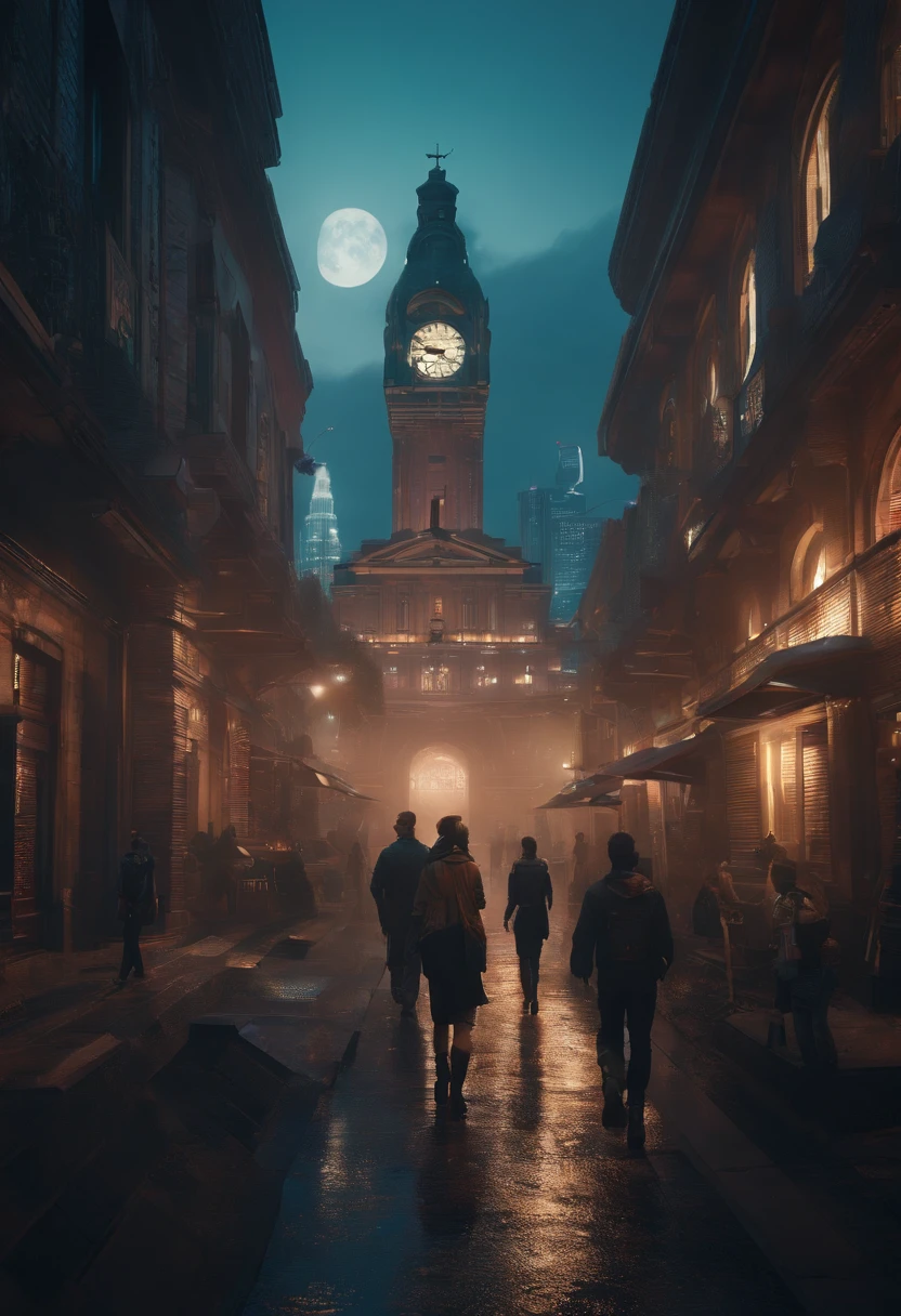 people walking in a city at night with a large clock tower in the background, em uma Cidade Cyberpunk Futurista, futuristic cyberpunk scenario, arstation e bipe altamente, Em Fantasy Sci - Cidade de Fi:, Sci-Fi Cyberpunk Rua da Cidade, busy cyberpunk metropolis, 3 d render bipe, cinematic beeple, rua da cidade cyberpunk, em estilo de bipe