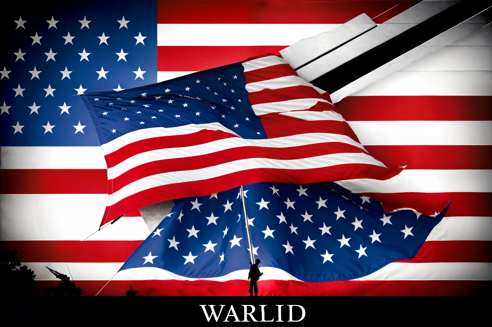 A wartorn patriotic darker theme with a large tattered flowing American flag surrounded by other iconic patriotic American images.