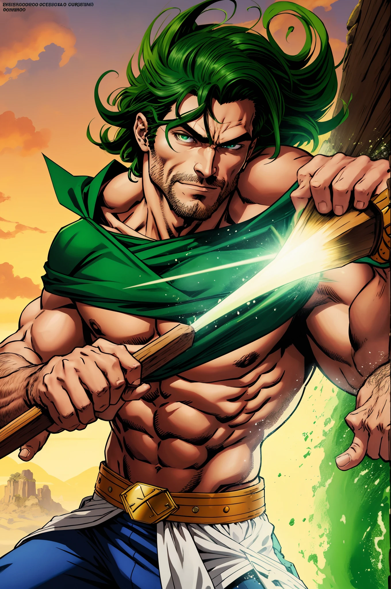 Homem Arqueiro, Olhos Verdes Esmeralda, Corpo Robusto, apontando o arco. Anime Art.