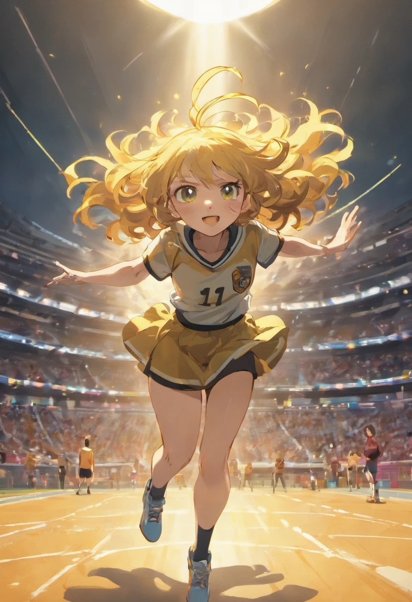 (best quality,highres),a girl jumping up on the sports field with intense light and shadow, long curly yellow hair, freckles, in sportswear, holding an English book (freckled skin, sportswear, jumping high, intense sunlight, curly hair), thick coat.