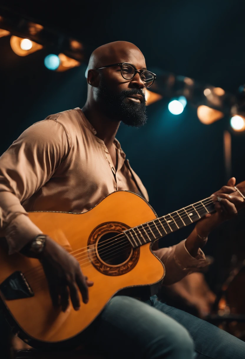 A bald black man with a beard wearing glasses. Playing guitar
