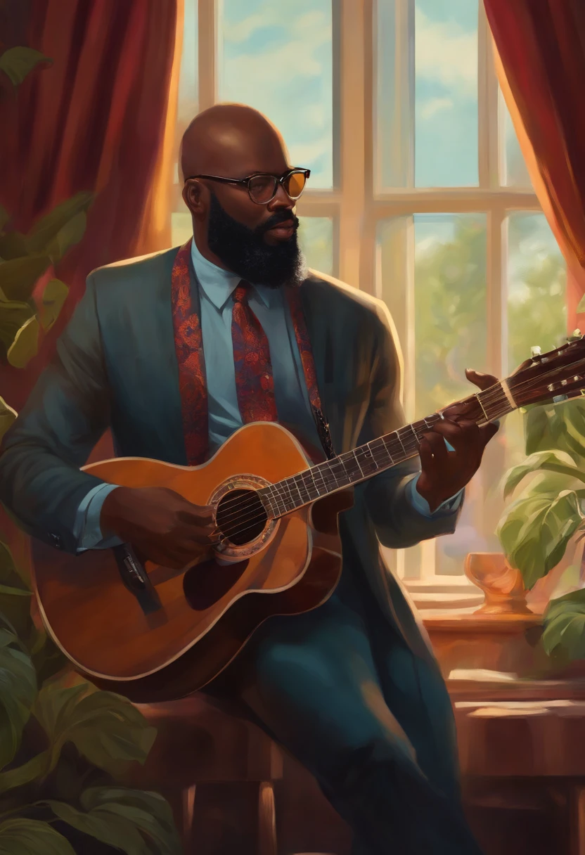 A bald black man with a beard wearing glasses. Playing guitar