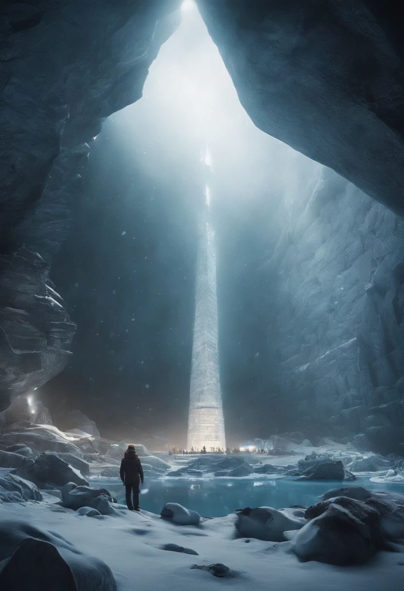 Antarctic continent、amazing composition、Huge ice wall、Ice pyramid、Ruins、spaceships、The human、Ice World、Ancient ruins、researcher、Plants、Wide entrance、Overwhelming architecture、tunnel、