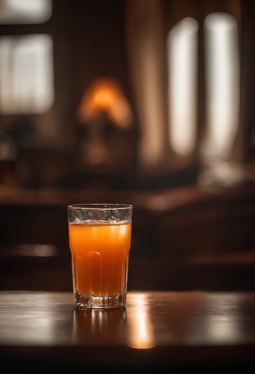 criar um prato de salgado em uma mesa de madeira com um copo de suco de laranja