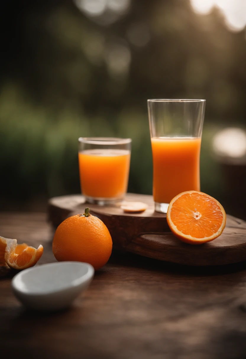 criar um prato de salgado em uma mesa de madeira com um copo de suco de laranja