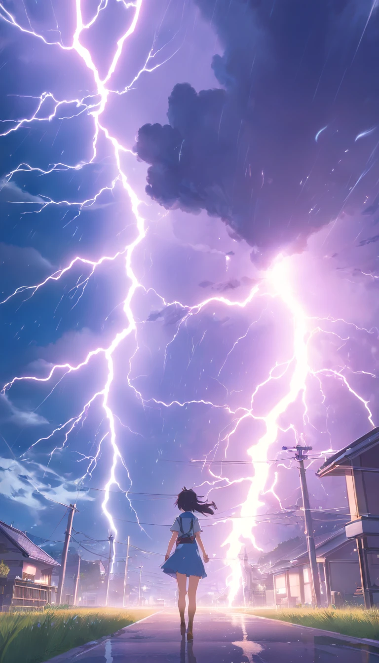 (Legendary works of art),(Running a Unicorn),Blue-black body,rendering by octane:1.5,in a cloud,Distant view,(Cloud Effects:1.5),(lightning effects:1.5),(Water vapor effect:1.5),super detailing,8K,Official Creations, Huge lightning bolt, Lightning tearing through the sky, 城市, perspective