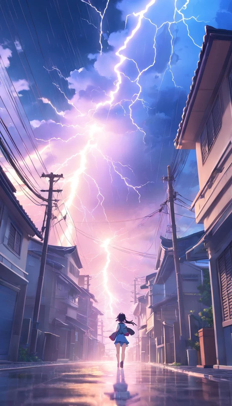 （Legendary works of art），（Running a Unicorn），Blue-black body，rendering by octane：1.5，in a cloud，Distant view，（Cloud Effects：1.5），（lightning effects：1.5），（Water vapor effect：1.5），super detailing，8K，Official Creations, Huge lightning bolt, Lightning tearing through the sky, 城市, perspective