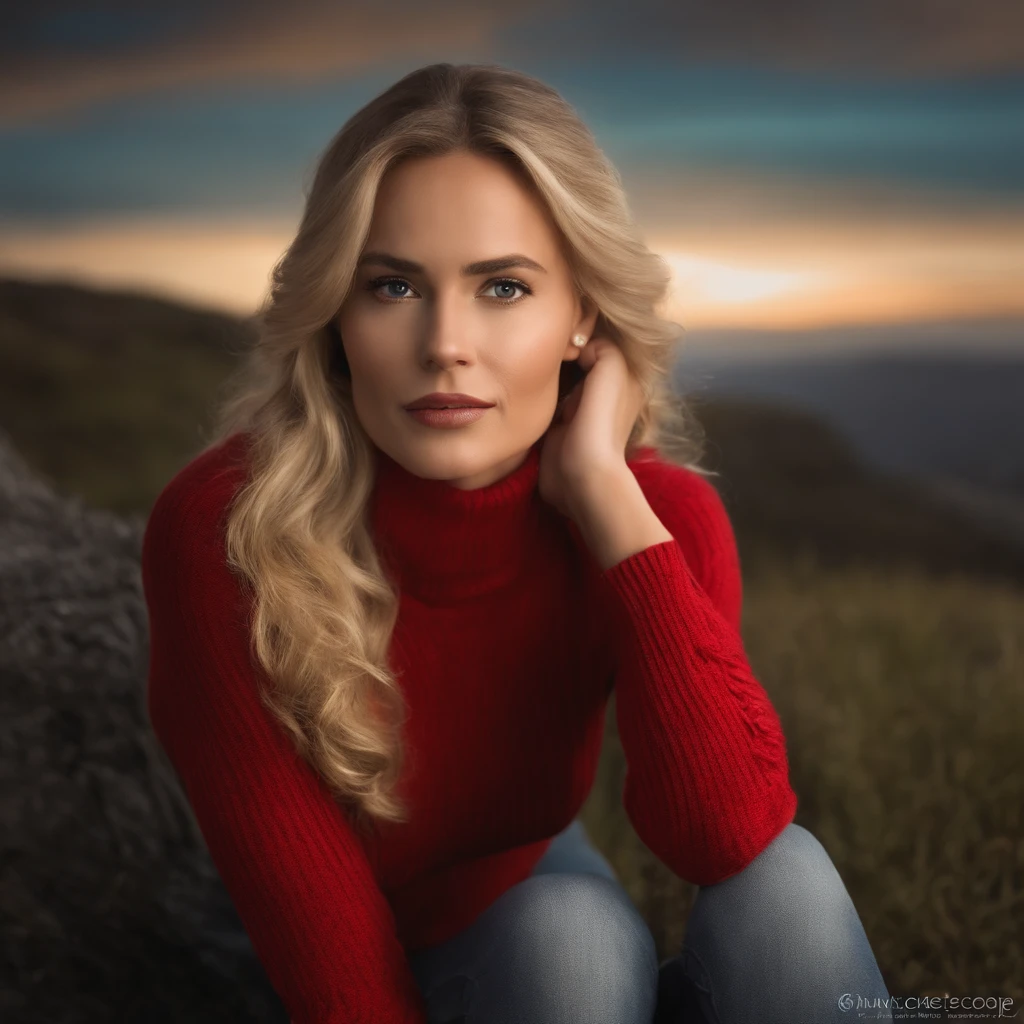 Blonde woman with long hair wearing red turtleneck and red sweater, inspired by Károly Lotz, imagem de perfil, foto de perfil, foto de perfil headshot, Directed by: Andrée Ruellan, com um castelo ao fundo, com uma figura ao fundo, inspired by Emma Ríos, foto de perfil, foto do perfil, imagem do avatar, imagem vazada, estilo disney pixar