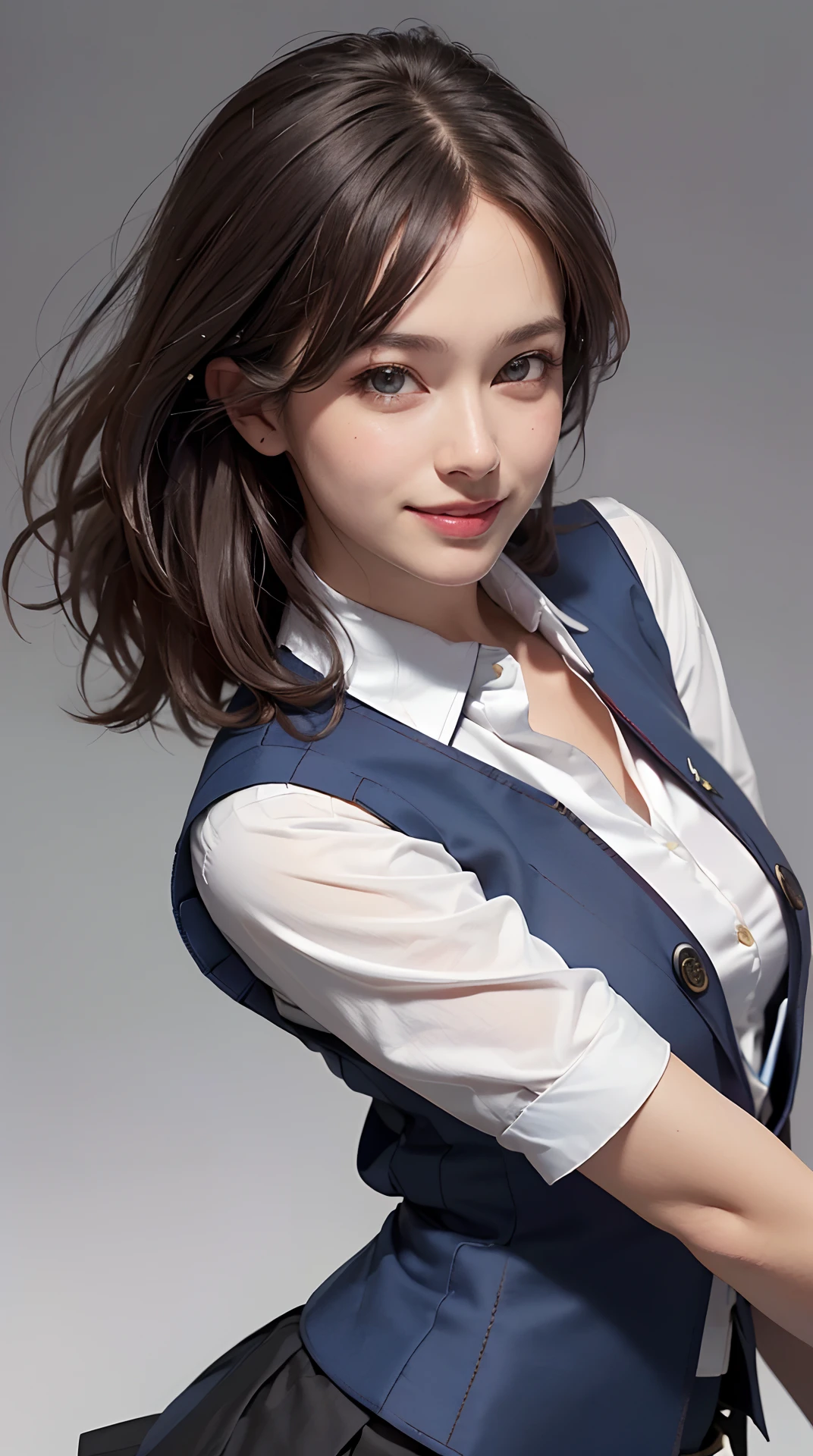 (best quality, 4k, 8k, high-res, masterpiece:1.2), ultra-detailed, (realistic, photorealistic, photo-realistic:1.37), (beautiful detailed eyes, beautiful detailed lips, extremely detailed eyes and face), studio lighting, physically-based rendering, vivid colors, (big tits, super big tits, super extra big tits), ((waist)), (business tight mini skirt suit, business shirt, waistcoat:1.5), (portrait, smile and laugh), (lowlight lighting), (simple background:1.5),
