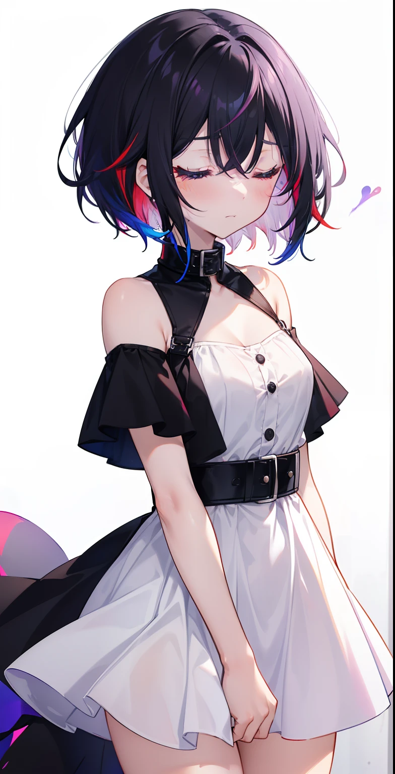 girl, close-up, (detailed emotion), (depressed), (remorse), (regret), (eyes closed), (black hair: 1,2), (short hair), (red gradient hair, blue gradient hair , purple gradient hair), (multicolor gradient hair), (all gradient hair: 1.3), (white dress), (black collar), medium chest, waist, thick legs, thick thighs, (white background),