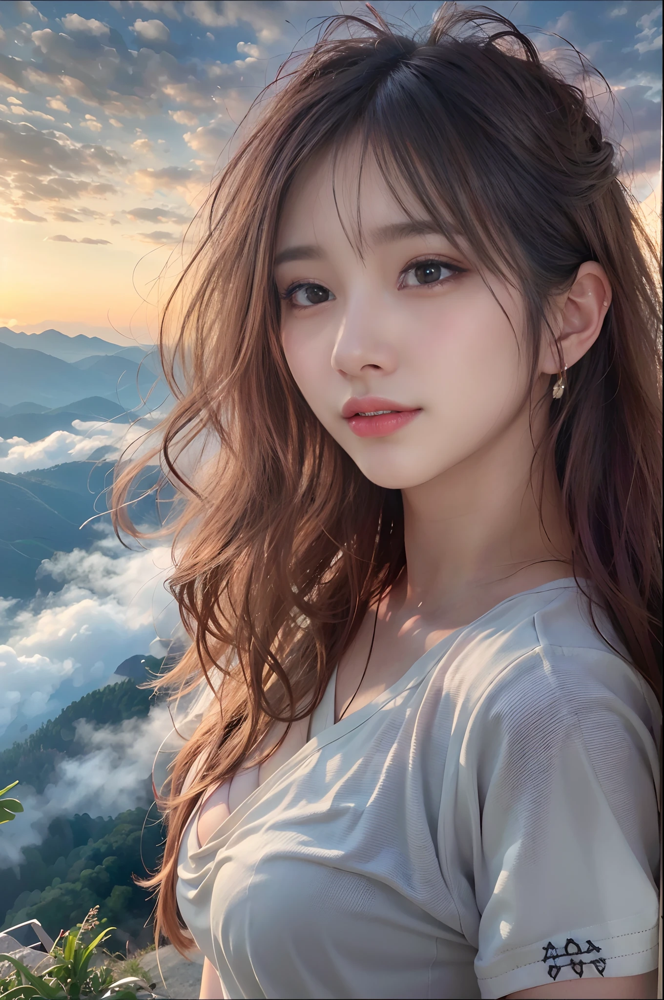(Best Quality, hyper realistic photography), Magnificent mountain, sea of clouds, Woman watching sunset, selfee, ((Upper body)), white t-shirts, Trekking Shorts, trekking boots, rucksack, (ultra-delicate face, Super Beautiful Maid, Super delicate eyes, Ultra-detailed nose, Ultra detailed mouth, Ultra-detailed facial features), Beautie, 18year old、((huge tit、You can see the cleavage of your))、eye glasses