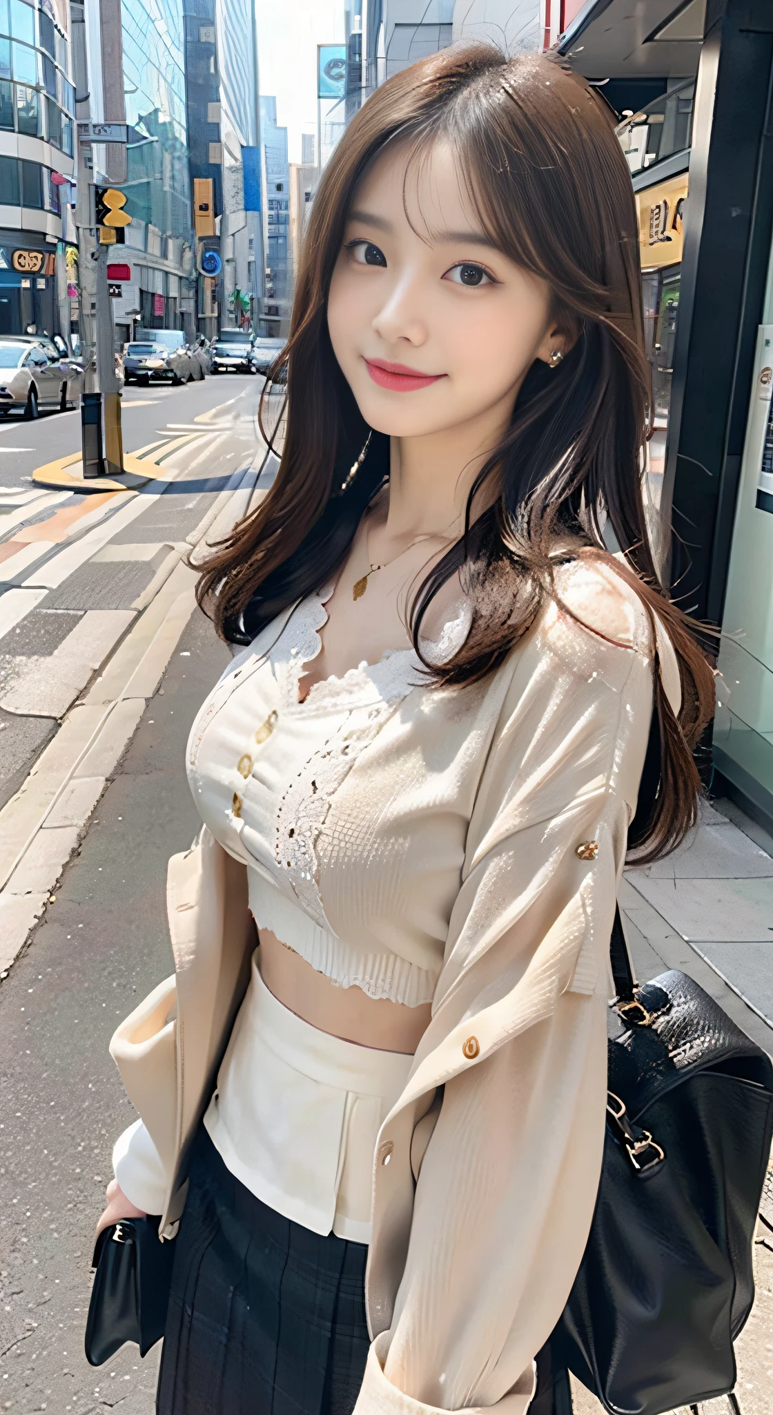 (32K,high-detail,high detal,hight resolution,highdensity,独奏,Lori:1.6),(Realistic people,Live action,A detailed eye,High resolution eyes,Fine eyes,Eyes that look like they are alive,beautiful dark blue eyes,Fishing eyes,Detailed lips,Crystal clear white skin,detailed realistic faces:1.3),(Japanese ido,Korean Idols,model in Japan,Korean models:1.2),(with a flushed face,natural make up,a necklace,piercings:1.4)(Knee-length skirt with deep cut,Blouse embellished with white lace,Red pumps with high heels,Business Casual Fashion:1.6),(well-shaped breasts:1.5),(Young but very beautiful and elegant Japan people16 years old little girl,kawaii eyes,little smiling,facing back,turned around,Looking at the camera,Fashion Leader,Business Girl,,Soft skin,Unforgettable eyes,Her eyes are too beautiful,Business Fashion Skirt Skirt:1.6),(showing your whole body,Show full-body fashion:1.6)