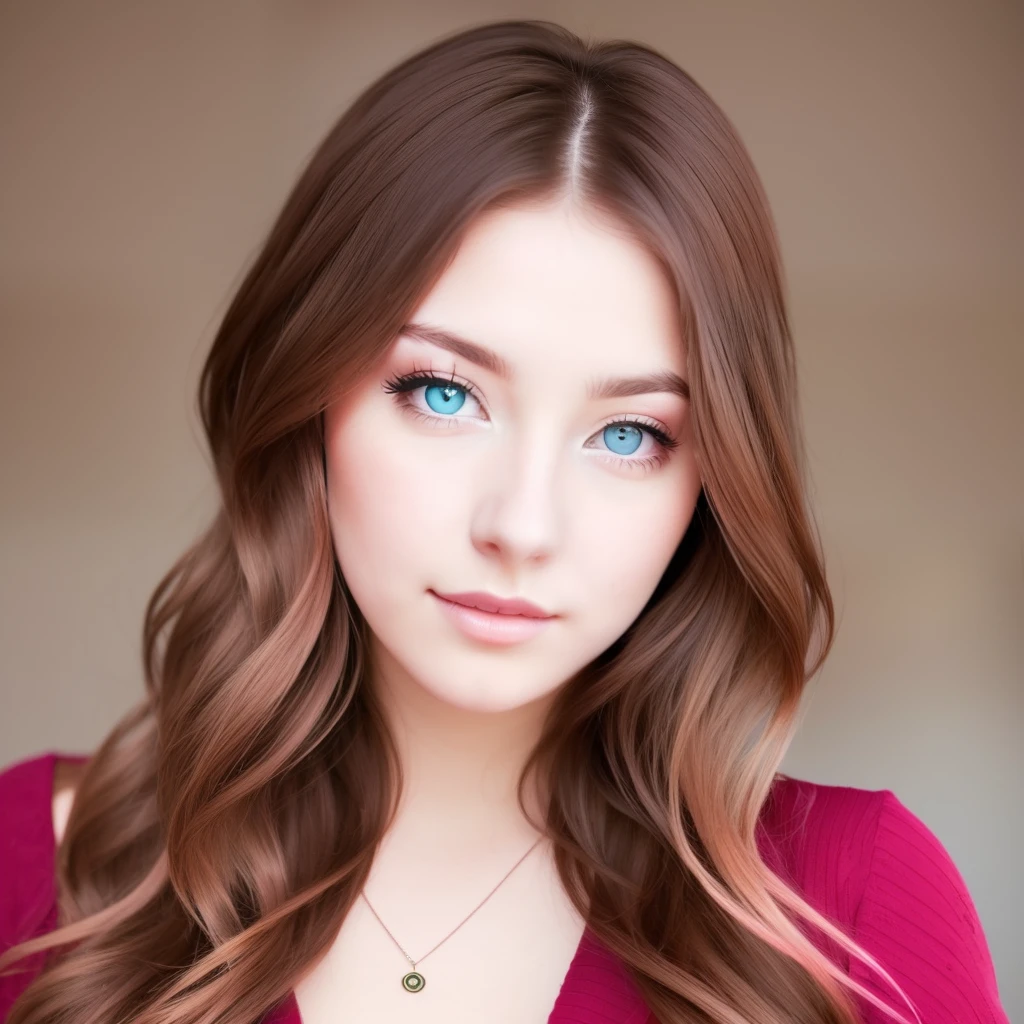 Beautiful young woman long brown flowing hair  brught blue eyes rosy cheeks pink lips pale skin