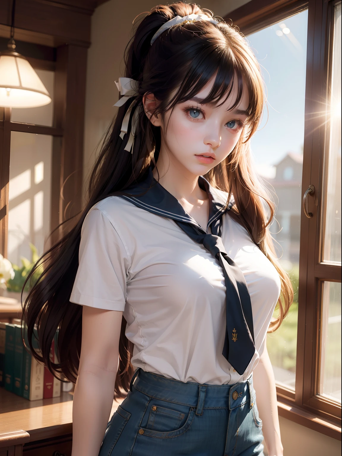 ((Masterpiece,Best quality, high resolution)), 1girll, Solo, Green eyes, long whitr hair,Golden ponytail,Tie it with a blue ribbon, Blunt bangs, ,school uniform, white serafuku, Red sailor collar, Short sleeves, denim pant,(in library), Dramaticlight, beside the window, Afternoon light through the windows, mid afternoon, Bokeh effect