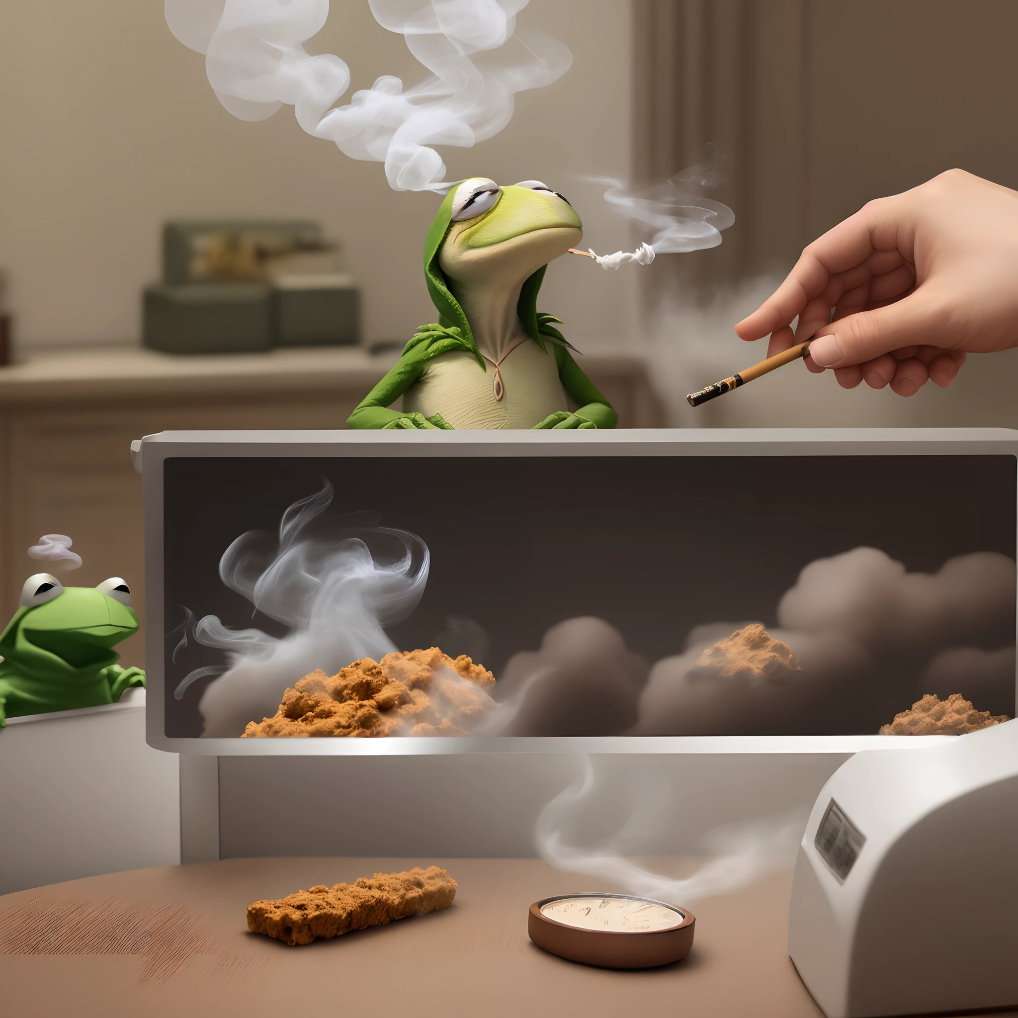 Hyper realistic .5 picture of kermit the fron smoking weed in the white house