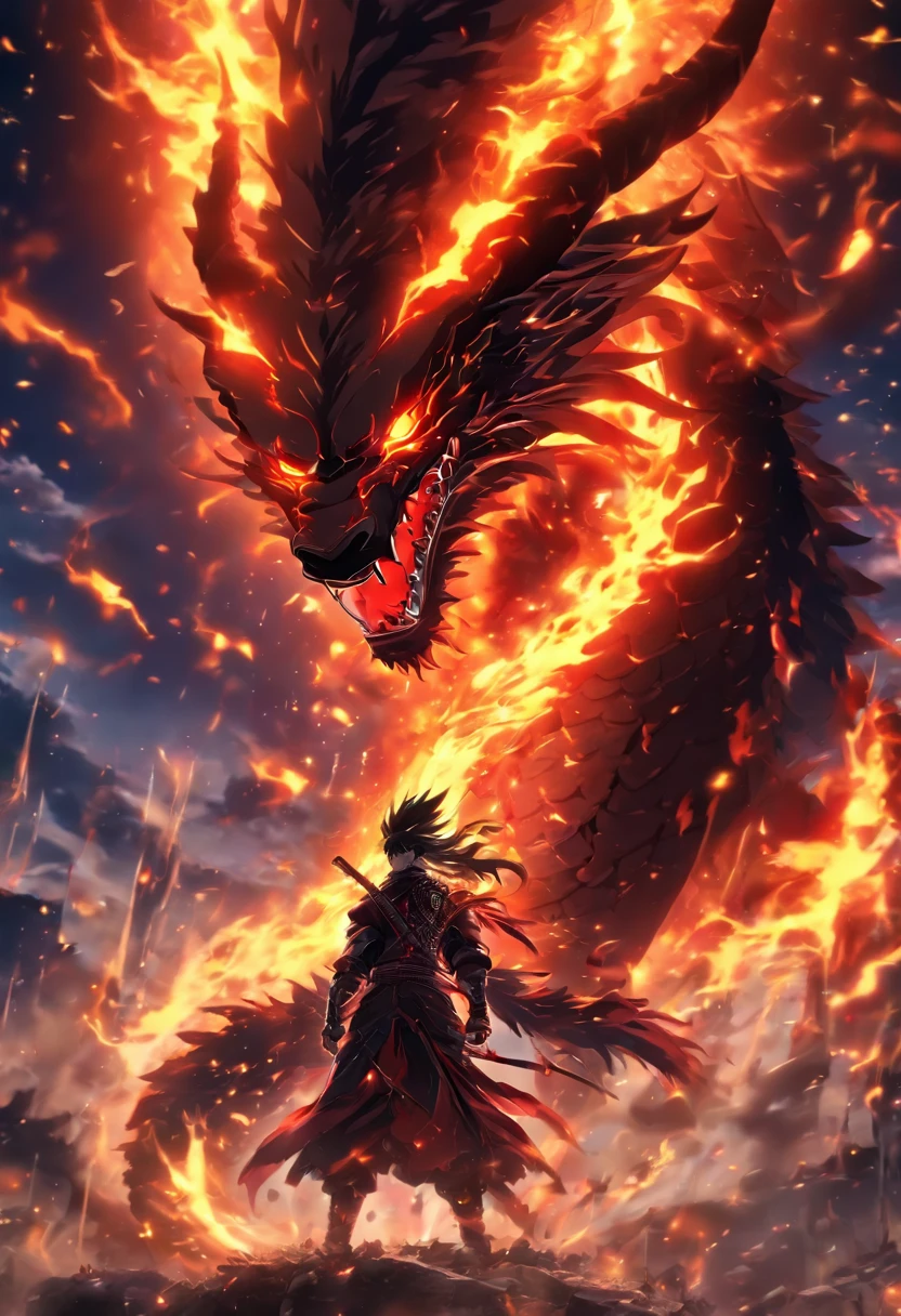 Strange monsters in a fantasy world,Thunder dragon,Strong limbs,Covered in flames,Blood,Covered with thick spikes,Moon Night,中景 the scene is,Full body like,a Man with blade Standing in front, highly detailed surreal vfx,oc rendered,Shot with 70 mm - AR 16:9 --q 2 --s 1000