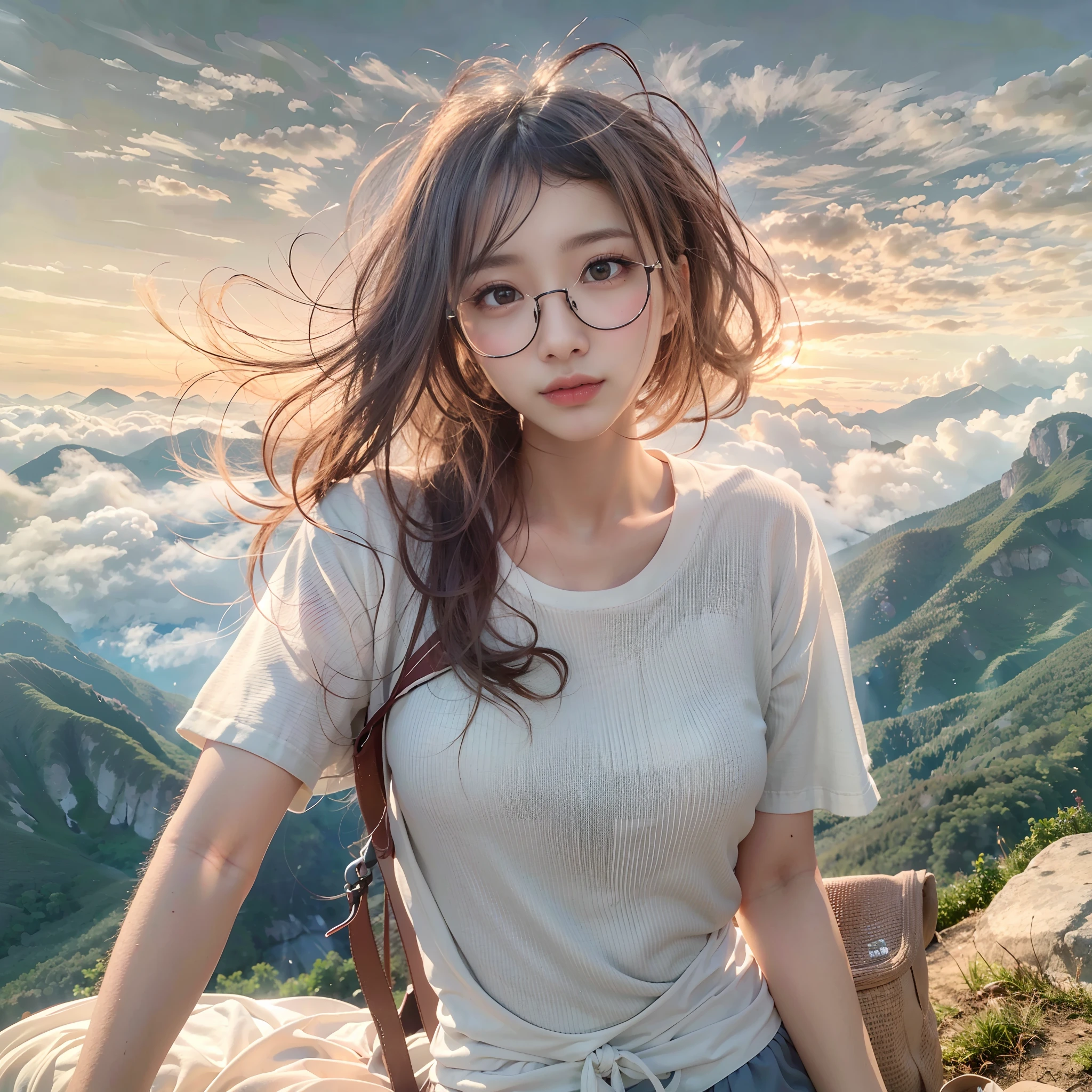 (Best Quality, hyper realistic photography), Magnificent mountain, sea of clouds, Woman watching sunset, selfee, ((Upper body)), white t-shirts, Trekking Shorts, trekking boots, rucksack, (ultra-delicate face, Super Beautiful Maid, Super delicate eyes, Ultra-detailed nose, Ultra detailed mouth, Ultra-detailed facial features), Beautie, 18year old、eye glasses