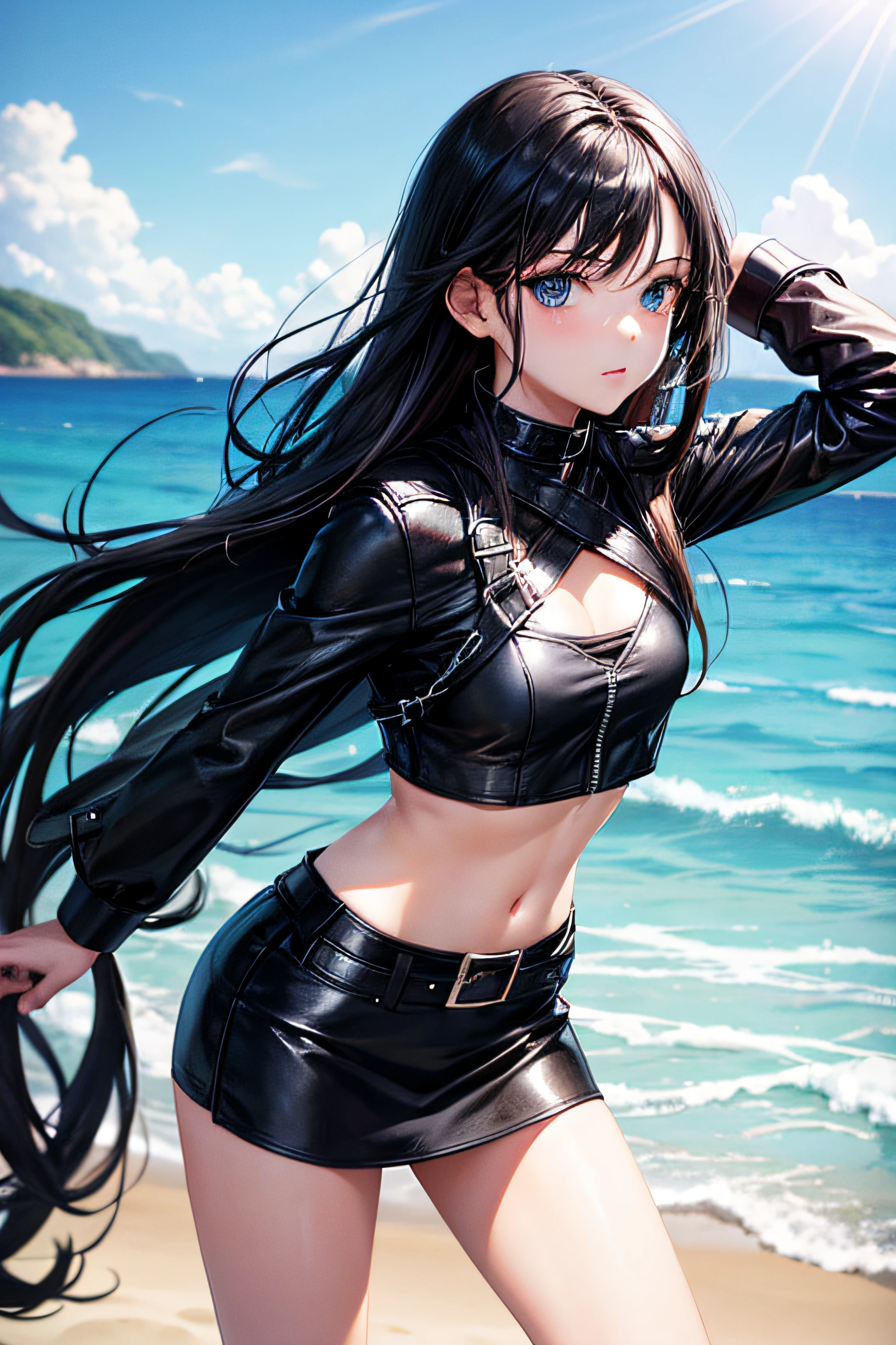 Detailed facial details,16 years old,1 girl,Red lips,Cat ear,Black long hair,Wearing a pure black latex vest,Navel,Black pleated skirt,Large Breasts,Slim,Collar,Radiant Skin,Kneeling on the beach,beach