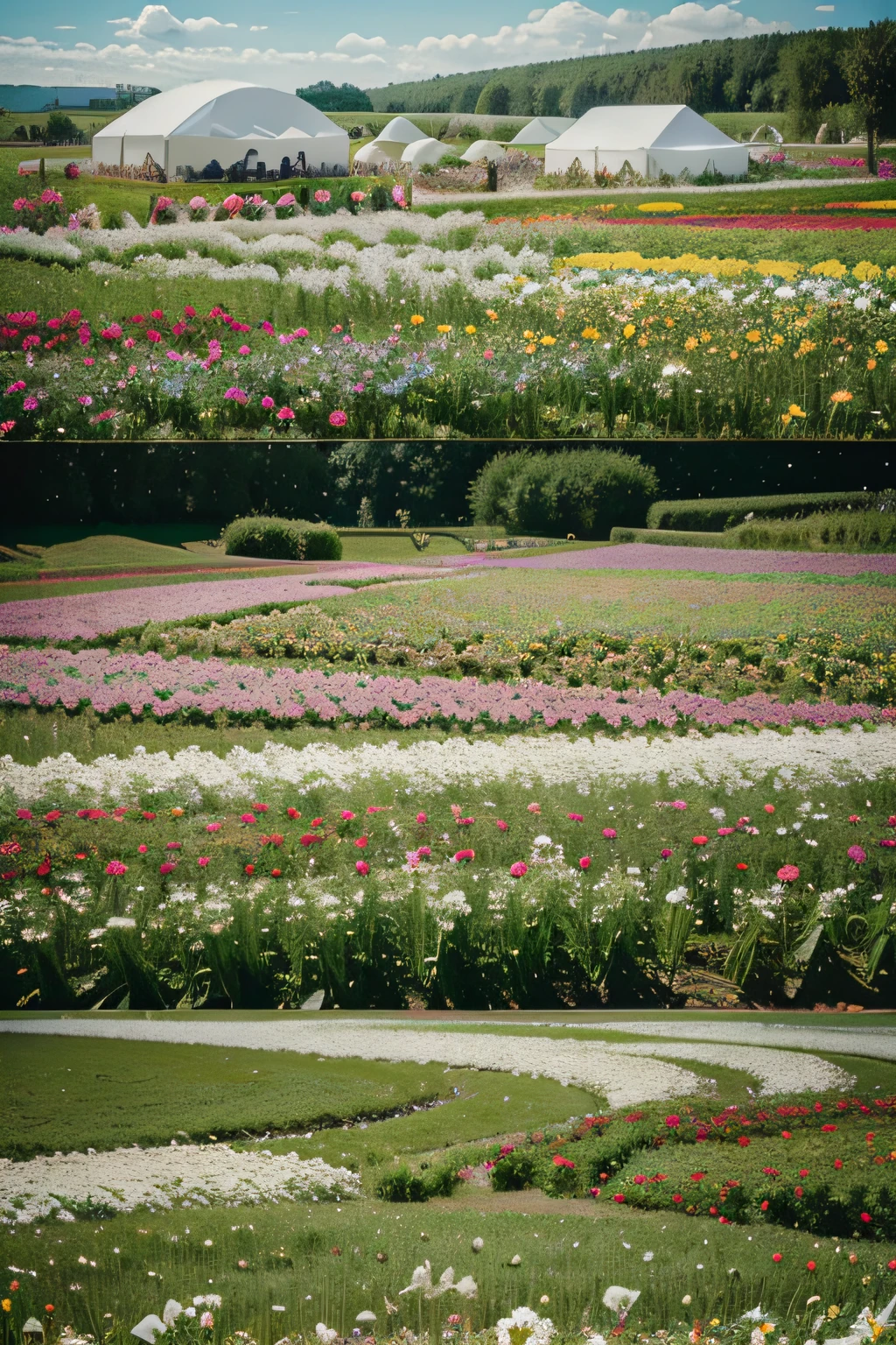 There is a dining table in the flower field，White tablecloth，White dining table，White dining table in the middle of a field of flowers，Wedding set-up，with flower fields as foreground, with flower fields as foreground, Flower field dinner, flower  field, with flower fields as foreground, Beautiful place, 8K)), Beautiful image, wondrous, Flower garden, flower  field, perfect spring day with, field of fantasy flowers, flower  field, flowers garden