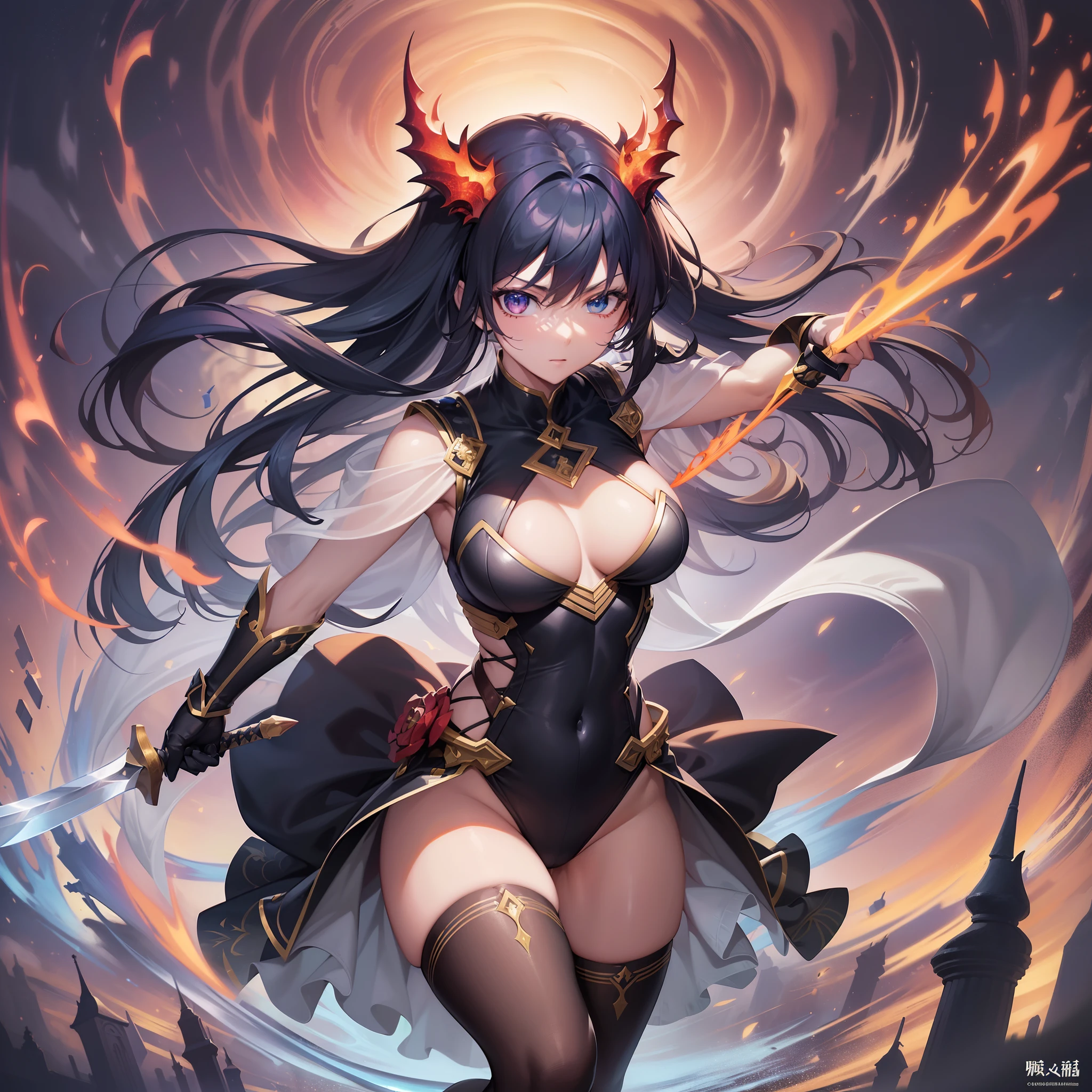 ((Finest quality)),(超A high resolution),(ultra-detailliert),((Best Anime)),sharpnes,clear,Fantasy art with astounding depictions,Colorful light emitted:1.5,Dynamic poses:1.1, (Female Swordsman),(Broadsword with a blade of flame:1.3),Slim body,thighs thighs thighs thighs