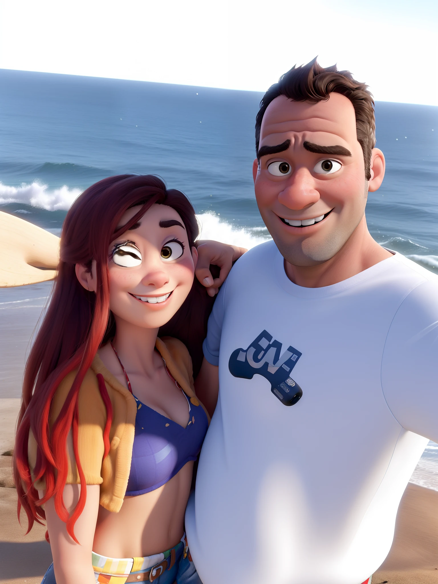 The couple are posing for a photo at the water's edge, The woman has red braid hair, Blue bikini on top covering the breasts and the bottom of the bikini is pink. The man is black, com brincos pequenos de argolas, short but curly hair, sendo bem curto nas laterais, with gradient details and the top of the hair, um pouco maior, como esses cortes modernos de 2023, and is wearing a Nike-branded shirt, coloque na imagem os mesmos detalhes da camisa do homem, O oceano ao fundo, vacation photo, no oceano, foto de perfil, photo shoot, standing near the beach, facebook post, foto do perfil, imagem de perfil, posando em uma praia com o oceano.
Ao recriar a foto, I want you to collect every little detail and do the same, however, the images must be recreated in the style of cartoon characters from Pixar films.