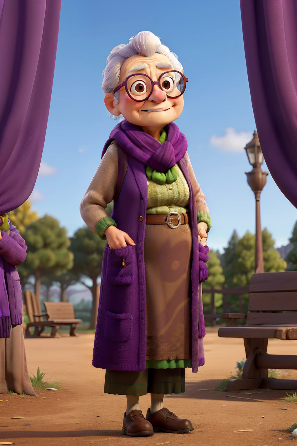 masterpiece, best quality, an old woman with glasses and a scarf on, wearing a purple coat and green scarf, standing at the park