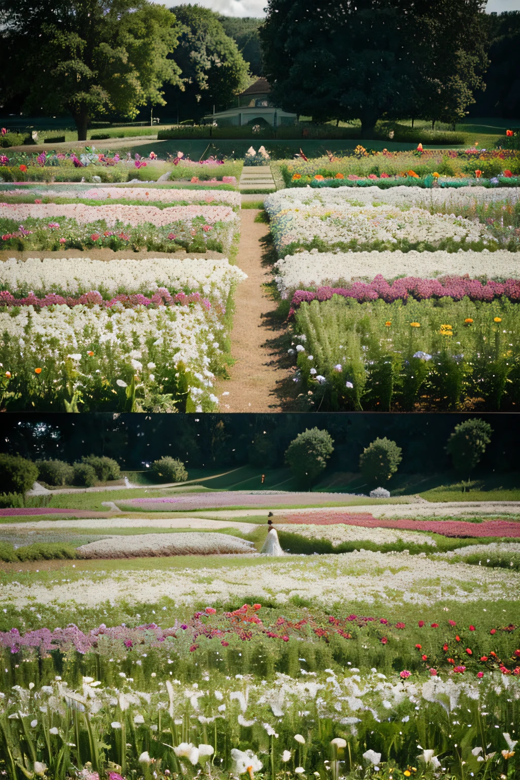 There is a dining table in the flower field,White tablecloth,White dining table,White dining table in the middle of a field of flowers,Wedding set-up,with flower fields as foreground, with flower fields as foreground, Flower field dinner, flower field, with flower fields as foreground, Beautiful place, 8K)), Beautiful image, wondrous, Flower garden, flower field, perfect spring day with, field of fantasy flowers, flower field, flowers garden