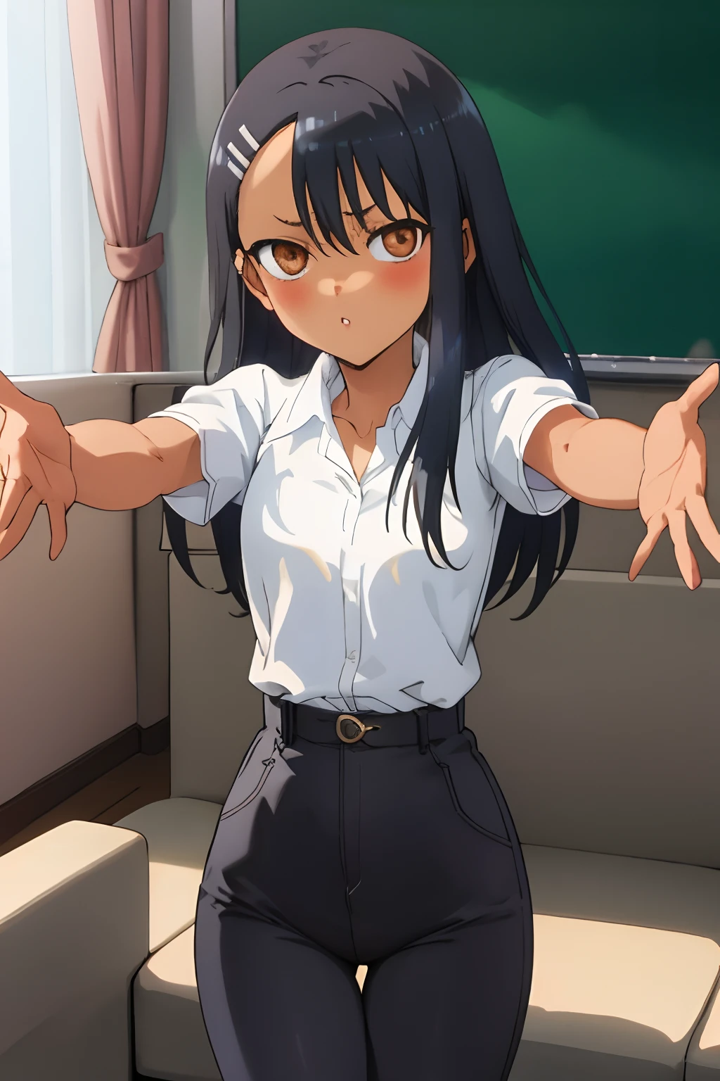 1girl, solo,sitting, small breast, masterpiece, professional artwork, famous artwork, perfect face,nagatoro hayase, brown eyes, hairclip, black hair, cowboy shot, black hair, beautiful face, intense look, ((perfect female body, narrow waist)), (background classroom), ((tan lines)), couch, looking at viewer, (((INCOMING HUG, INCOMING KISS))), white shirt, short sleeves, ((open arms for viewer))