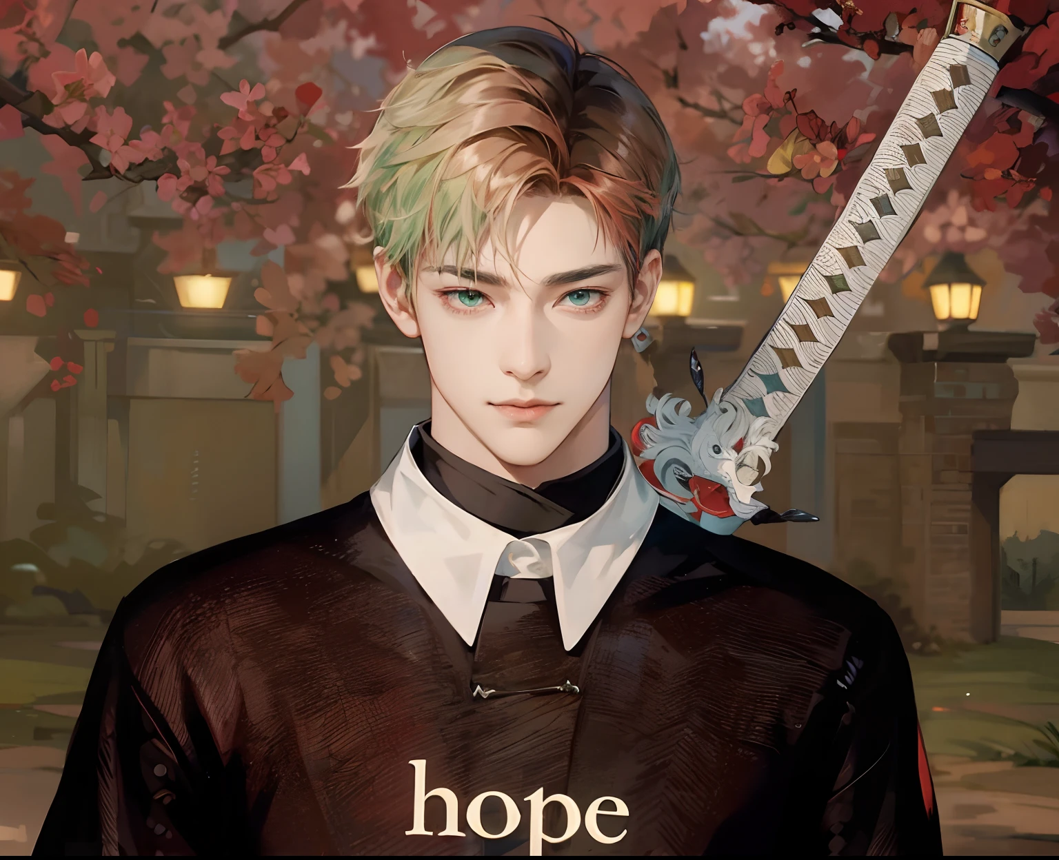 (hoang lap,A high resolution,Hyper-detailing,hdr),tmasterpiece,best qualtiy,1boy,Handsome,short detailed hair,Fine eyes and detailed face,(whitet-shirt),(red blous),dimple,Night Street,nightcity,midynight,self-shot,Light smile,(Short red hair),(Grass green eyes)