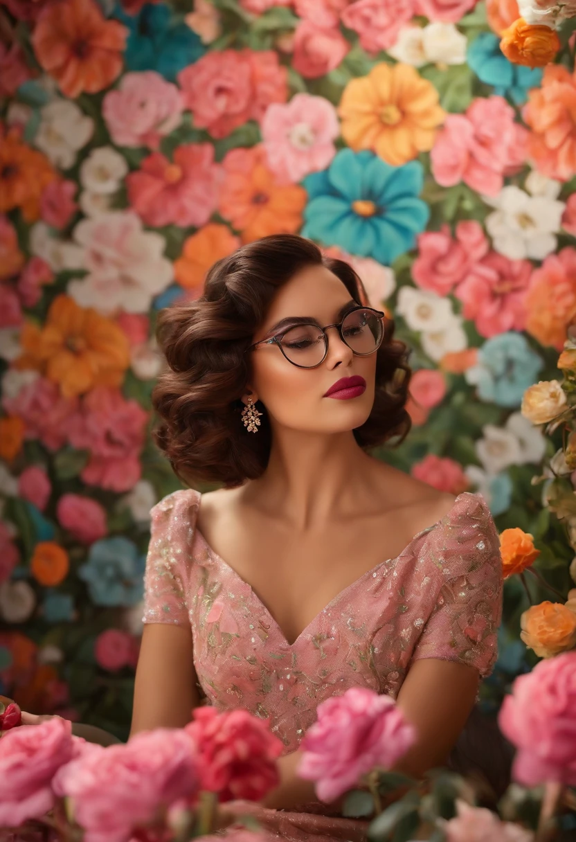 estilo desenho animado, Pixar, wearing round glasses, vestido preto canelado, medium wavy brown hair, Sitting behind a flower mural and pink lipstick