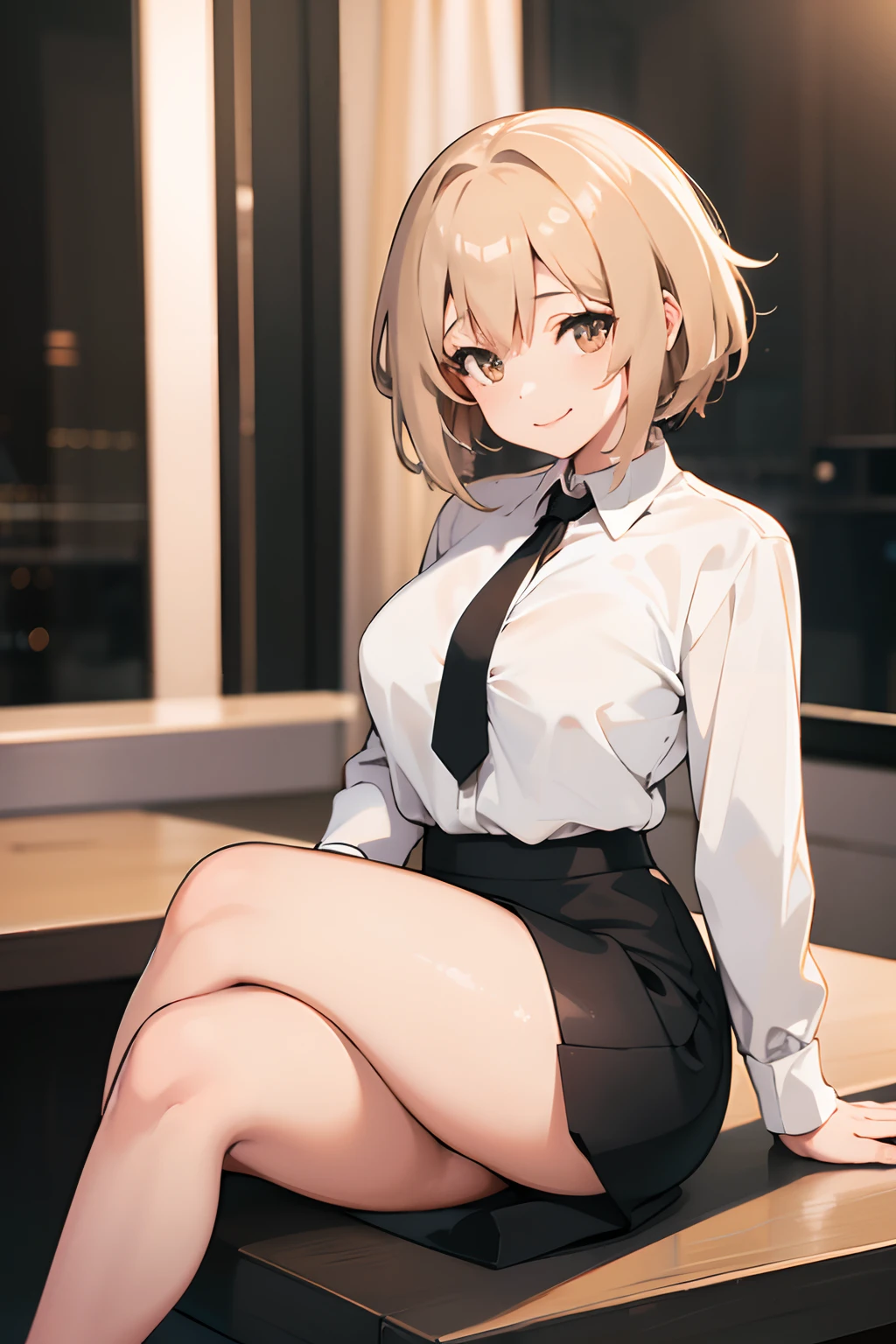 1girl,mp-40 girls' frontline, smile, short blonde hair, light brown eyes, white shirt, small breasts, black pencil skirt, tight skirt, thick thighs, sitting on table, crossed legs, office background, 4k, high quality, masterpiece