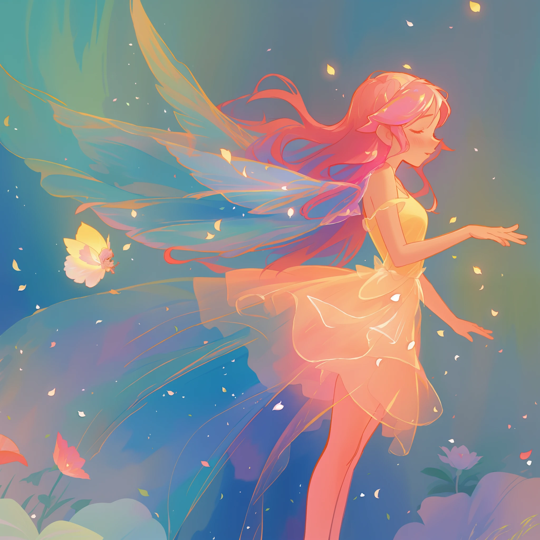 beautiful girl in tiered gradient ballgown dress, gradient colorful dress, ((layered flower petal skirt)), fairy dress, fairy queen, magical forest background, (glowing fairy wings), glowing flowing ballgown, long wavy hair, sparkling fairy wings, watercolor illustration, flowers and colorful plants, inspired by Glen Keane, inspired by Lois van Baarle, disney art style, by Lois van Baarle, glowing aura around her, by Glen Keane, jen bartel, glowing lights! digital painting, flowing glowing hair, glowing flowing hair, beautiful digital illustration, fantasia otherworldly landscape plants flowers, beautiful, masterpiece, best quality, anime disney style