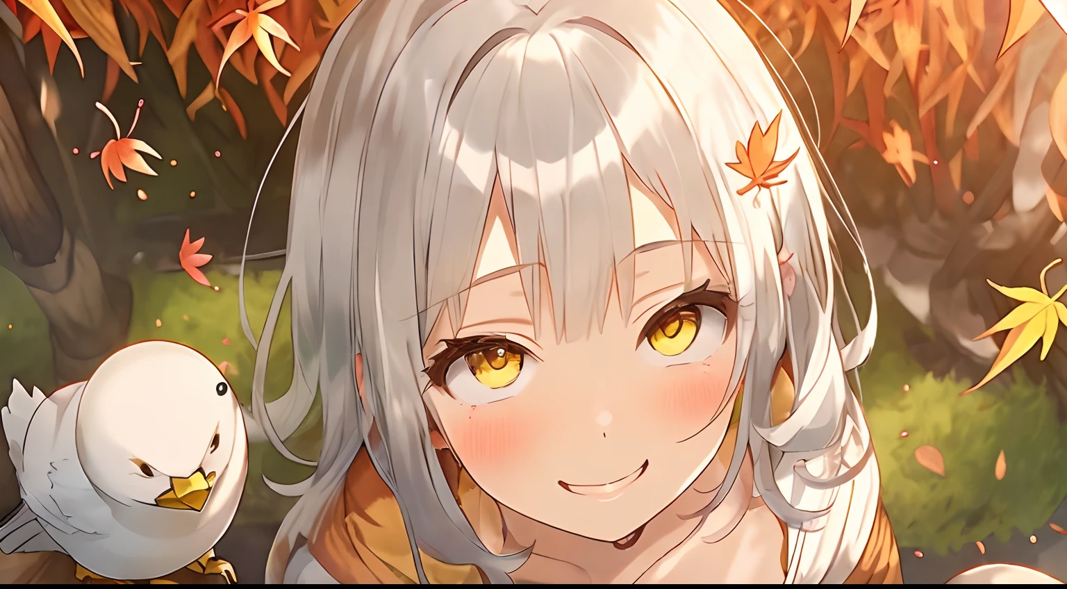 girl with,Light gray hair,Yellow eyes,Fluffy dresses,Autumn attire,Autumn landscape,Colored leaves,Dress Sex,flower field,full of sunlight,Upper Eyes,Smile while blushing,The person is on the right,A few small birds are flying