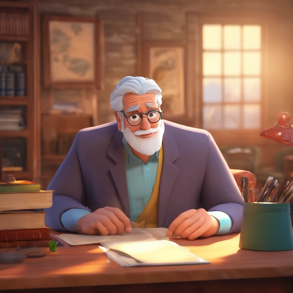 Crie um cartaz inspirado na Disney Pixar com o personagem sendo o pastor Rubens Janier, A gray-haired man wearing glasses, in an office with a Bible on the table