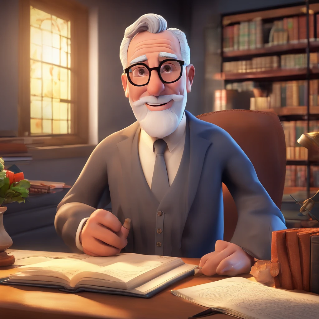 Crie um cartaz inspirado na Disney Pixar com o personagem sendo o pastor Rubens Janier, A gray-haired man wearing glasses, in an office with a Bible on the table