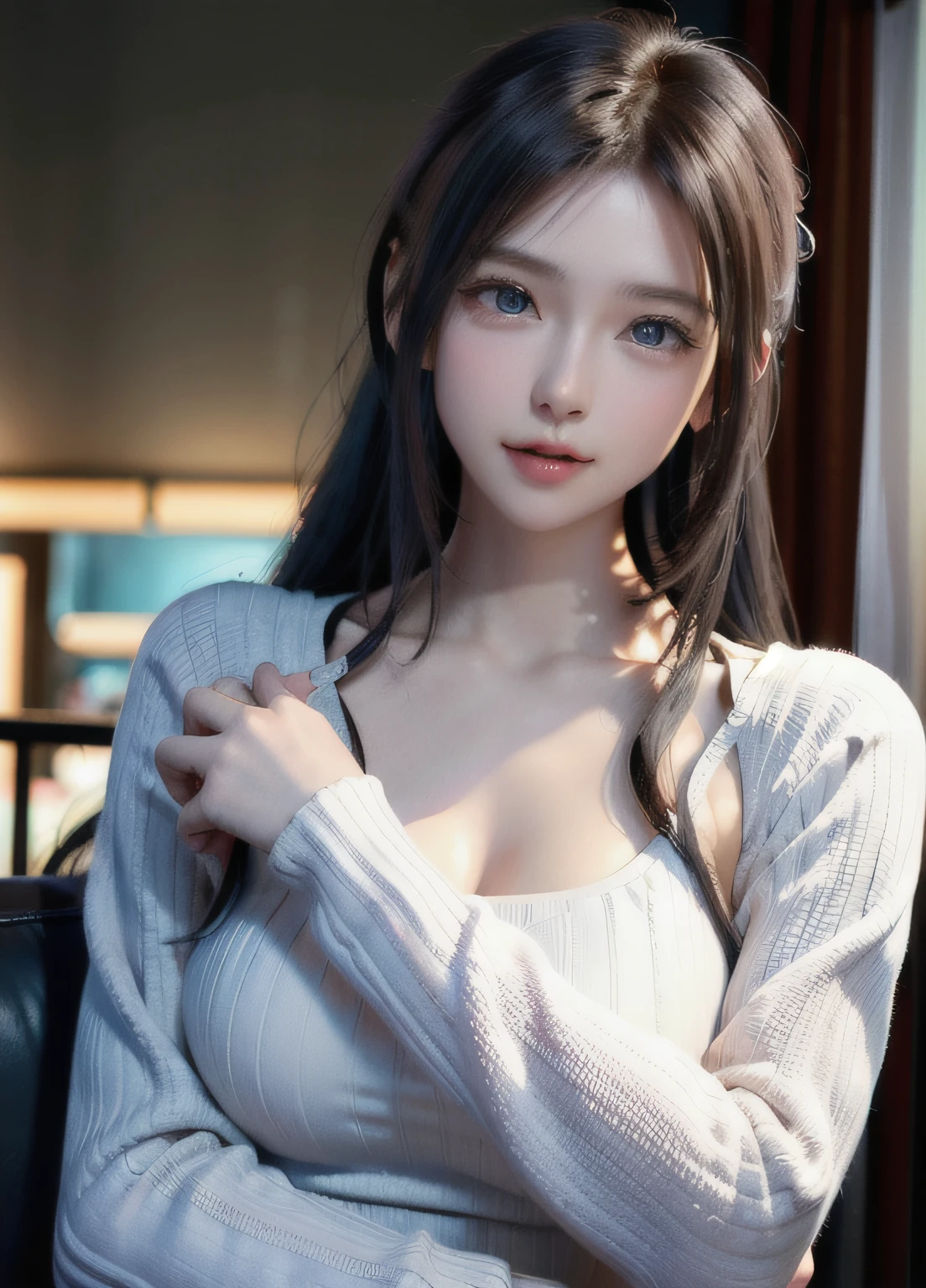 (8k, RAW photo, best quality, masterpiece:1.2), (realistic, photo-realistic:1.37),1 girl, cute, adorable, (blue eyes), light smile, (solo),detailed face, round face, ponytail, slender, petite breast, leather jacket, white tshirt, dramatic angle, head tilt, ((head resting on hand)), night lights, neon lights, inside pub, sitting by the window, small head, (facing away),