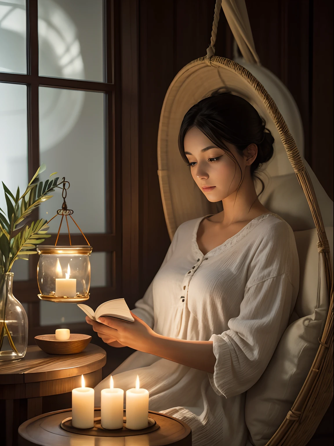 aroma of a jar candle flows, candle is on a side table, a lady reading a book in a hanging egg chair, focus on candle, blur lady in the bunning, calm environment in the room, HD quality, photo realistic