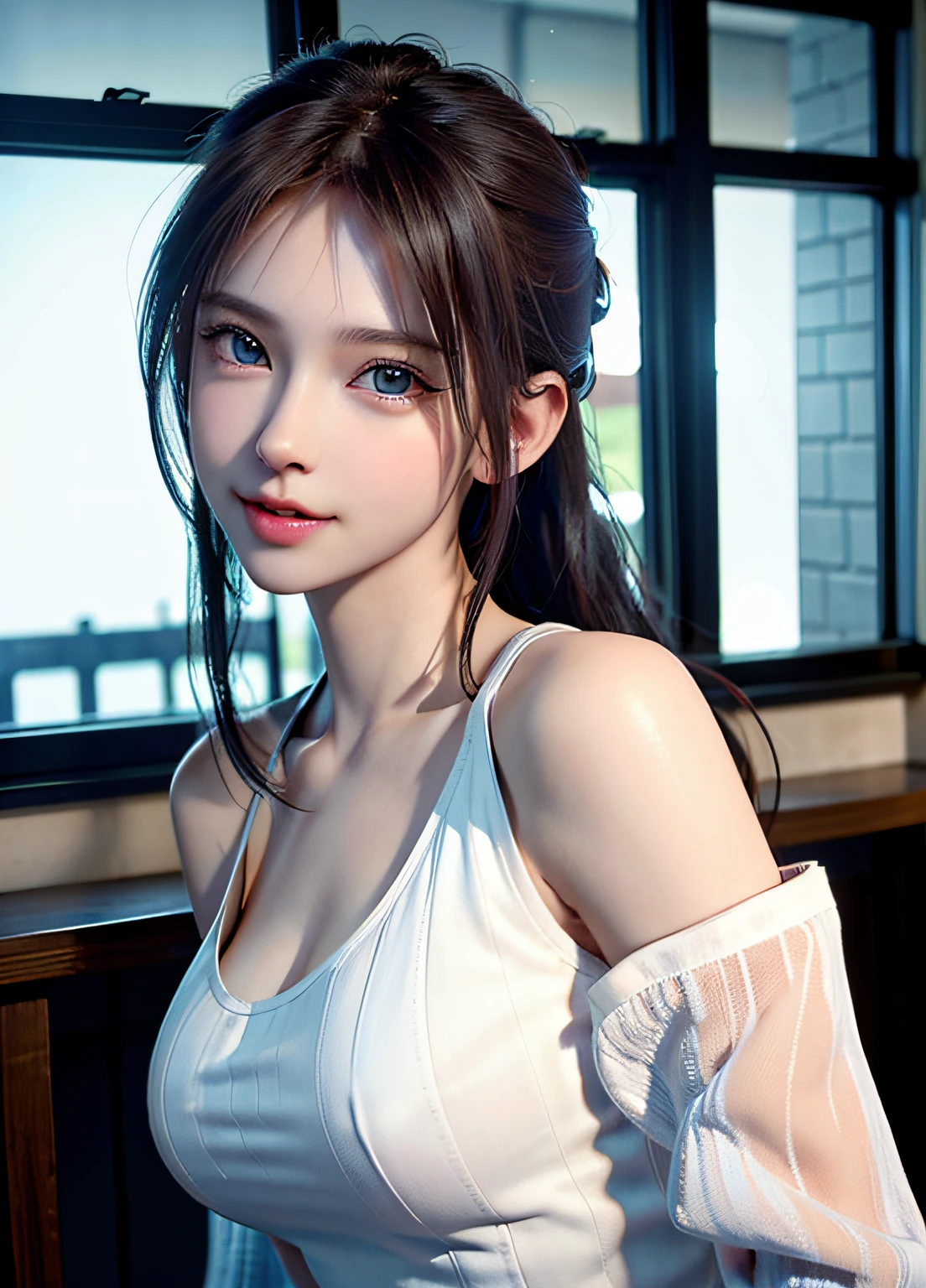 (8k, RAW photo, best quality, masterpiece:1.2), (realistic, photo-realistic:1.37),1 girl, cute, adorable, (blue eyes), light smile, (solo),detailed face, round face, ponytail, slender, petite breast, leather jacket, white tshirt, dramatic angle, head tilt, ((head resting on hand)), night lights, neon lights, inside pub, sitting by the window, small head, (facing away),