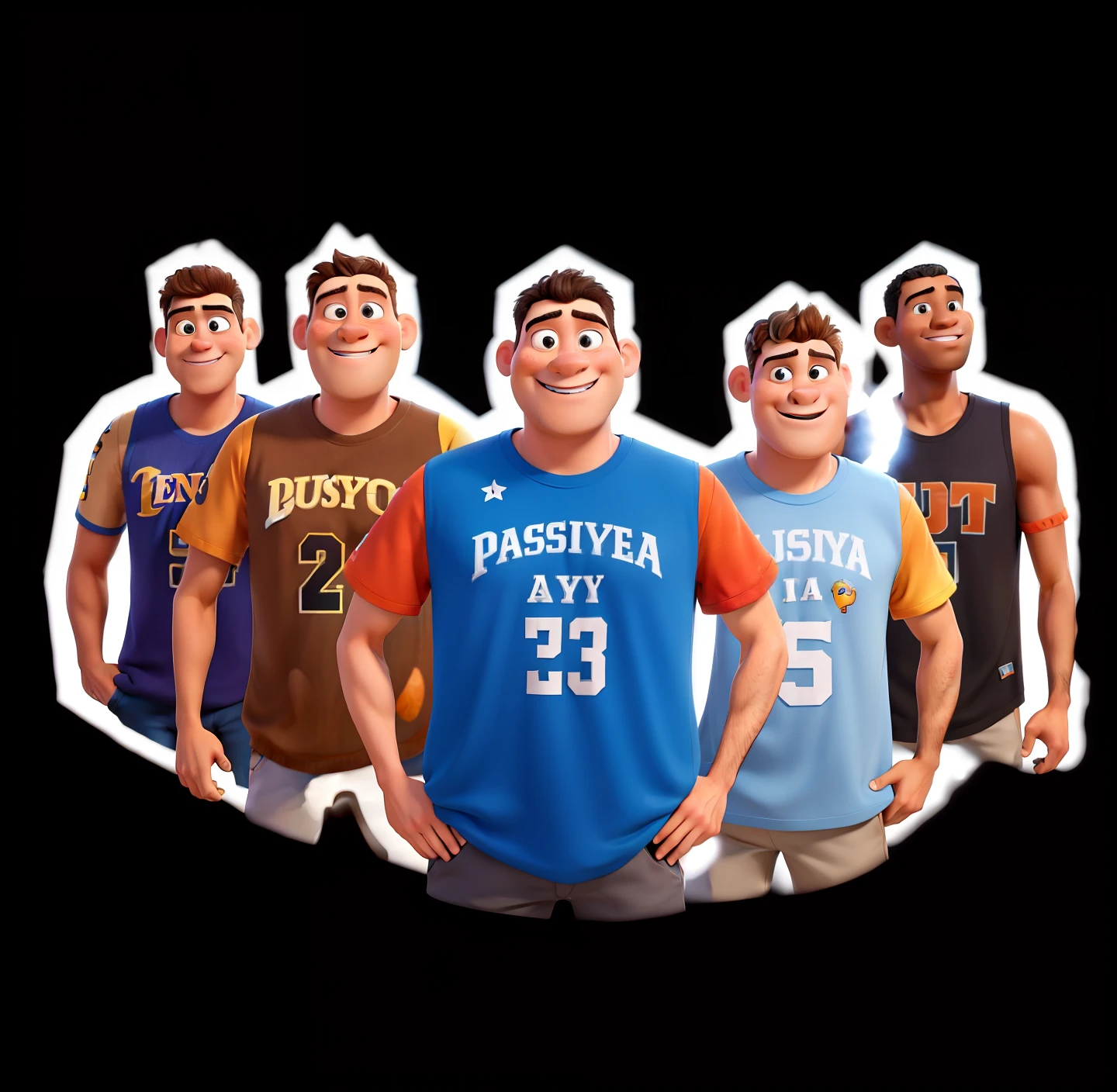 Homens estilo disney pixar, alta qualidade, Amigos, pagodeiros, musicians, com camisetas de basquete, camisetas NBA,poster no estilo pixar, Passion Shape, Banda, obra prima, plano de fundo