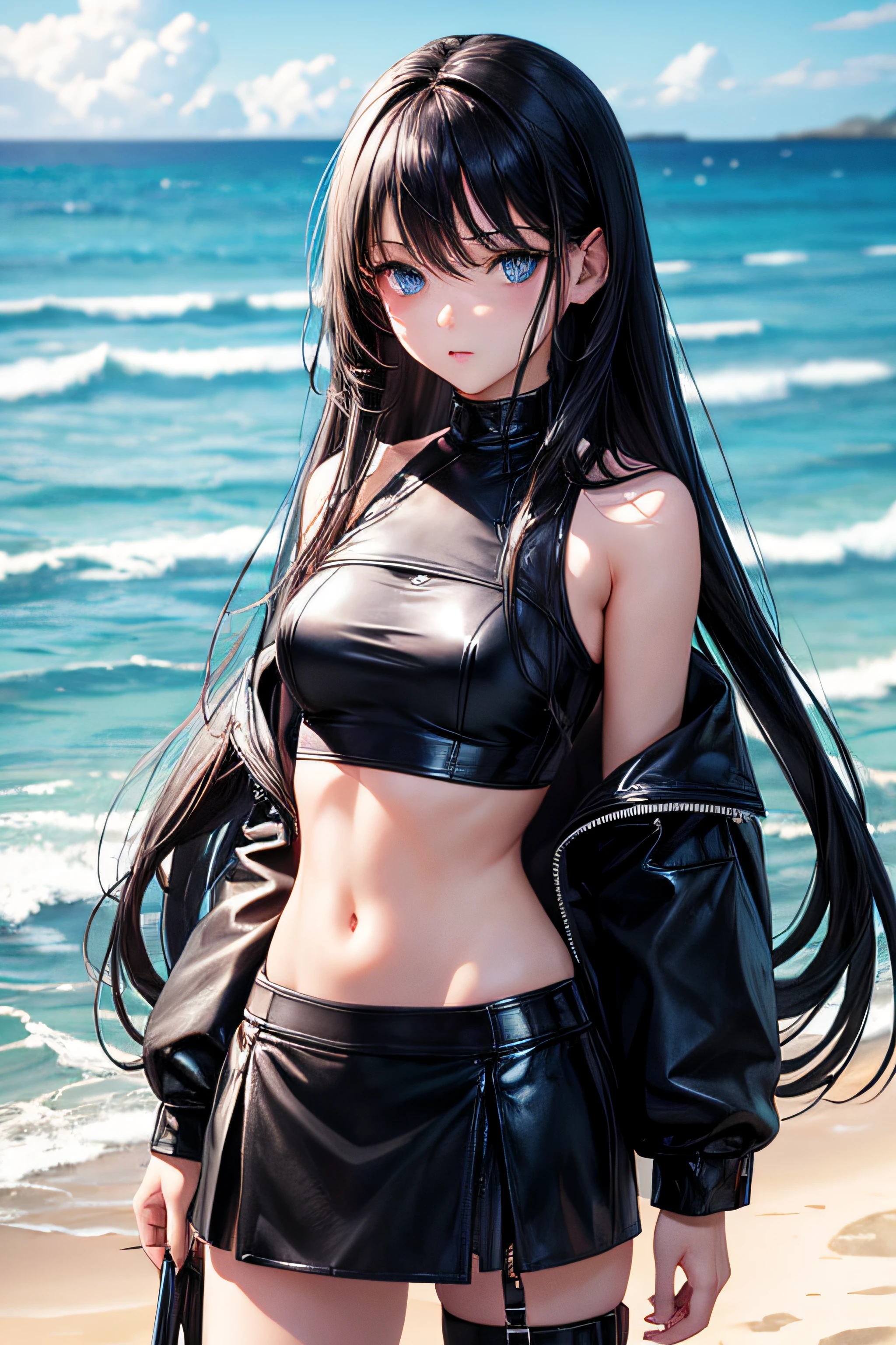 ((masterpiece, best quality, ultra-detailed, high resolution, extremely detailed CG, super detailed, Most beautiful clean lighting)), 1girl, child-like build, 14 years old, cute girl, flat chest, pretty face, smile, Beautiful black long hair, black eyes, Summer Sea, Seaside, bathing beach, navy blue School Designation swimsuit,